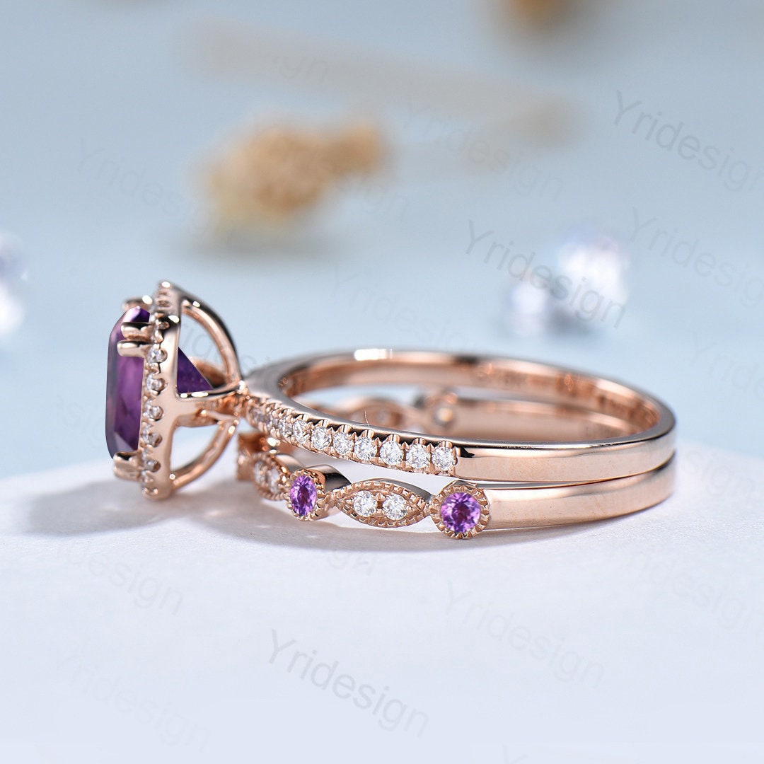 Vintage Cushion Cut Amethyst Wedding Ring Set in 14K Rose Gold - Art Deco Halo Diamond Bridal Set for Women | Engagement, Anniversary & Special Occasion Jewelry Gift
