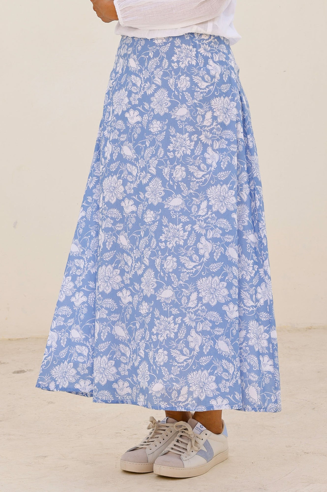 Neve Skirt - Floral Print Blue and White Midi Skirt for Women | Perfect for Spring, Summer, Beach Vacations & Casual Outings