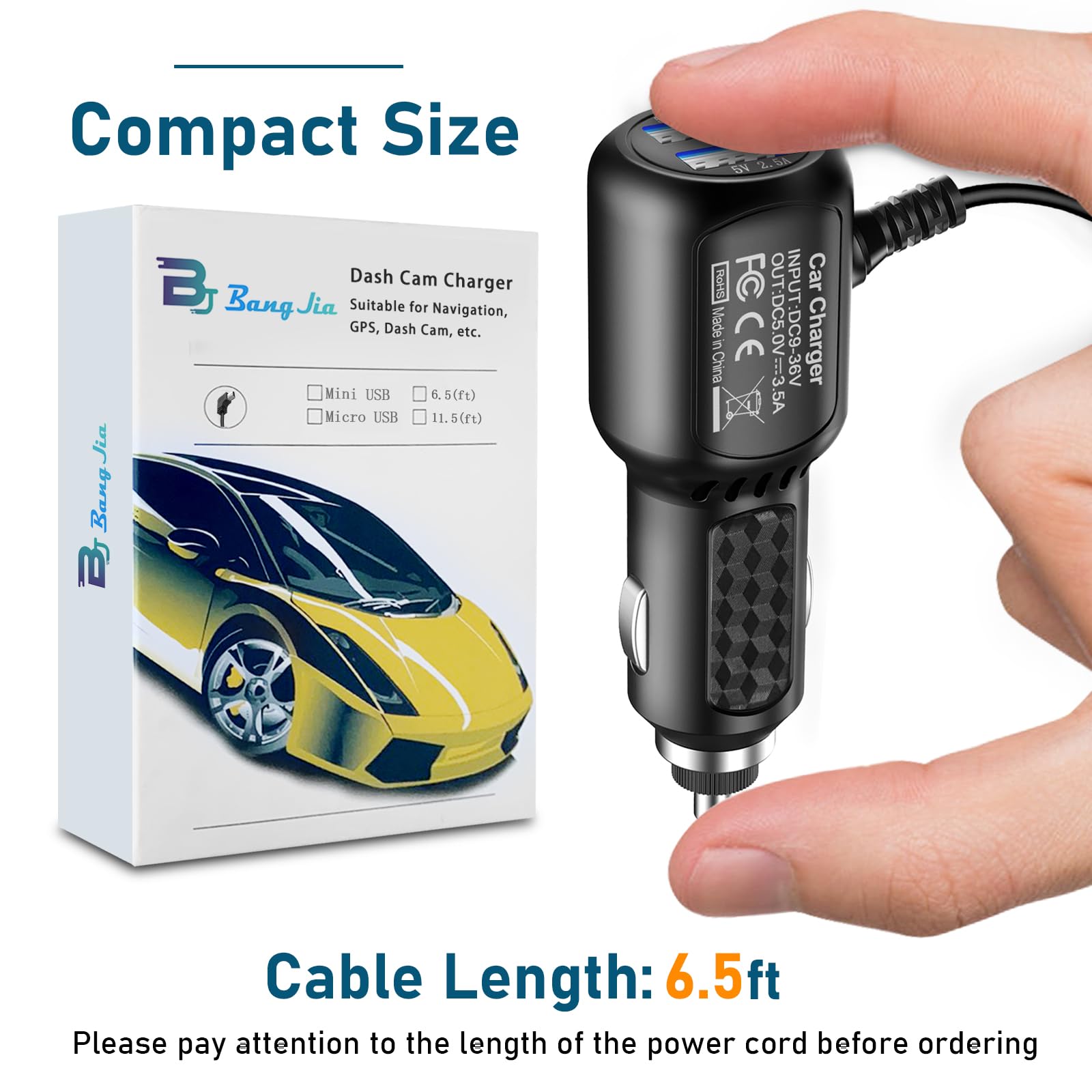 Dual USB Car Charger for Dash Cam - Mini USB & USB-A Ports, 6.5FT Fast Charging Cable Compatible with Garmin, APEMAN, Rexing, AKASO & More Dash Cams - Perfect for Road Trips, Commuting & Uber/Lyft Drivers
