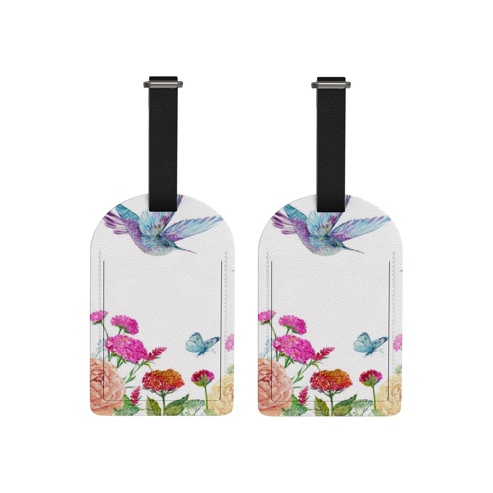 Waterproof Leather Luggage Tags with Hummingbird & Floral Watercolor Design - 2 Pack Privacy ID Tags for Suitcases, Travel Bags & Backpacks - Perfect for Airports, Cruises & Business Trips