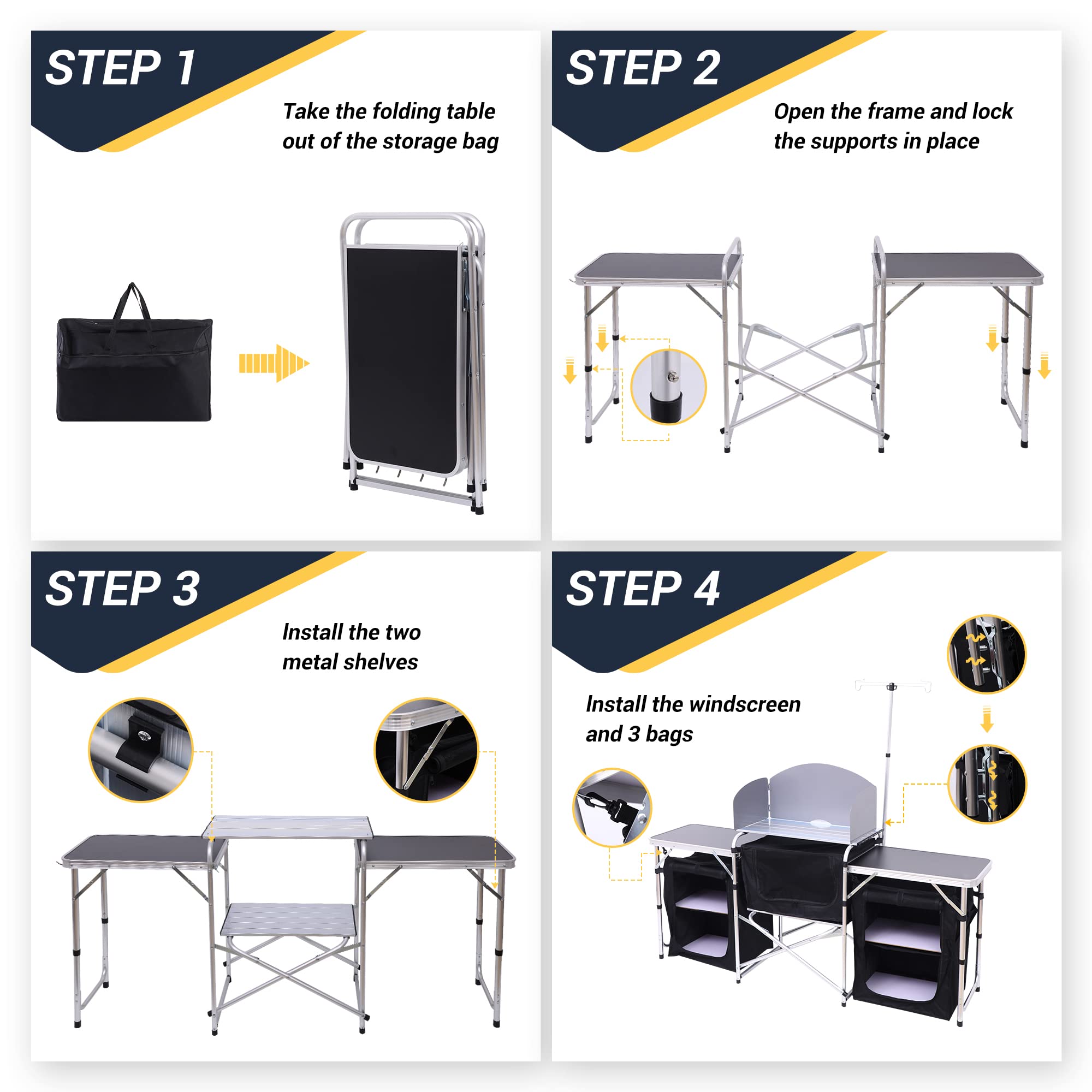 Portable Camping Kitchen Table with Adjustable Light Stand - Foldable Outdoor Cooking Station for Picnics, BBQ & Camping (Silver) - Perfect for Backyard, RV & Tailgating