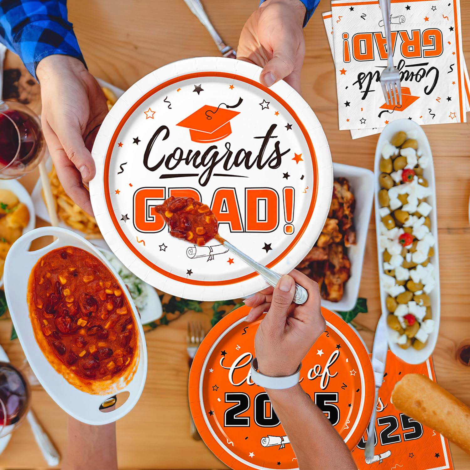 2025 Graduation Party Supplies Kit - Orange Themed Tableware Set for 50 Guests | Disposable Dinner Plates, Dessert Plates & Napkins | Perfect for Class of 2025 Graduation Decorations & Celebration Parties