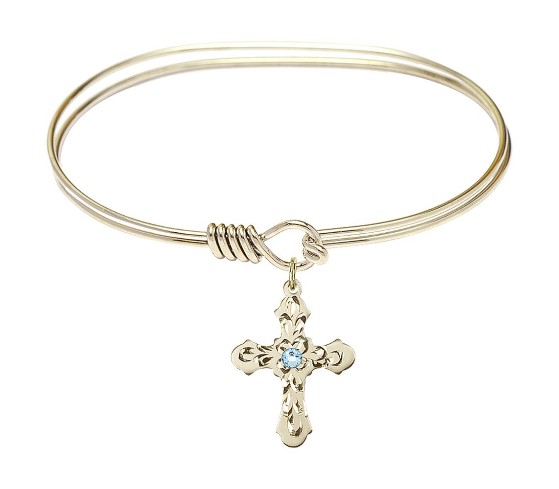 7 Inch Oval Eye Hook Bangle Bracelet with Cross Medal Charm & March Blue Crystal - Elegant Jewelry for Women, Perfect for Church, Weddings, and Special Occasions