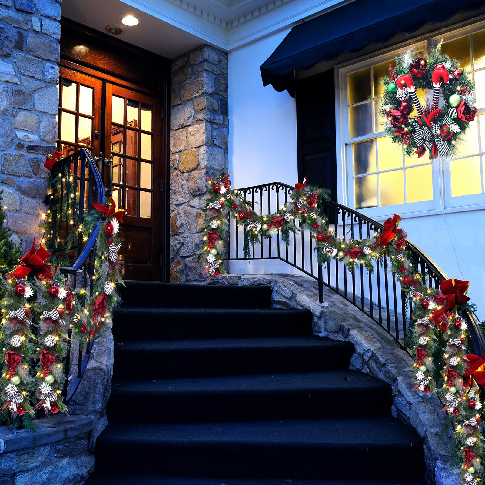 Adeeing 6 FT Christmas Garland with 20 LED Battery Operated Lights - Outdoor Holiday Decor with Stars, Flowers & Berry Branches (Red & Green) - Perfect for Doorways, Mantels & Holiday Party Decorations