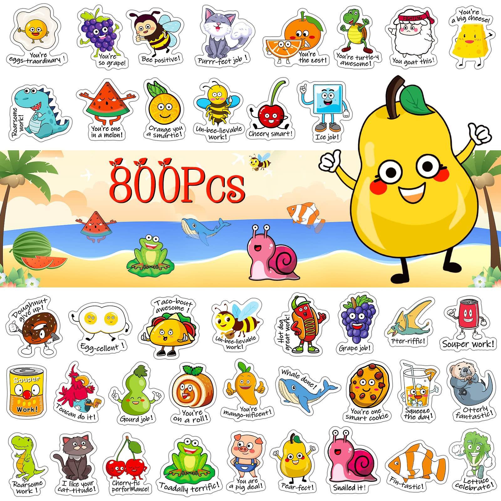 800pcs Teacher Stickers for Students - Punny Pun Reward & Motivational Stickers for Kids Classroom, Homeschool Supplies - Perfect for Rewards, Encouragement & Positive Reinforcement in School