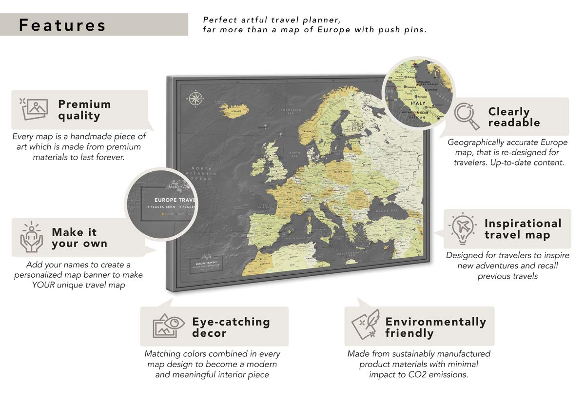 Personalized European Push Pin Travel Map - Detailed Canvas Wall Map for Tracking Adventures & Memories - Perfect for Home Decor, Travel Gifts & Wanderlust Inspiration