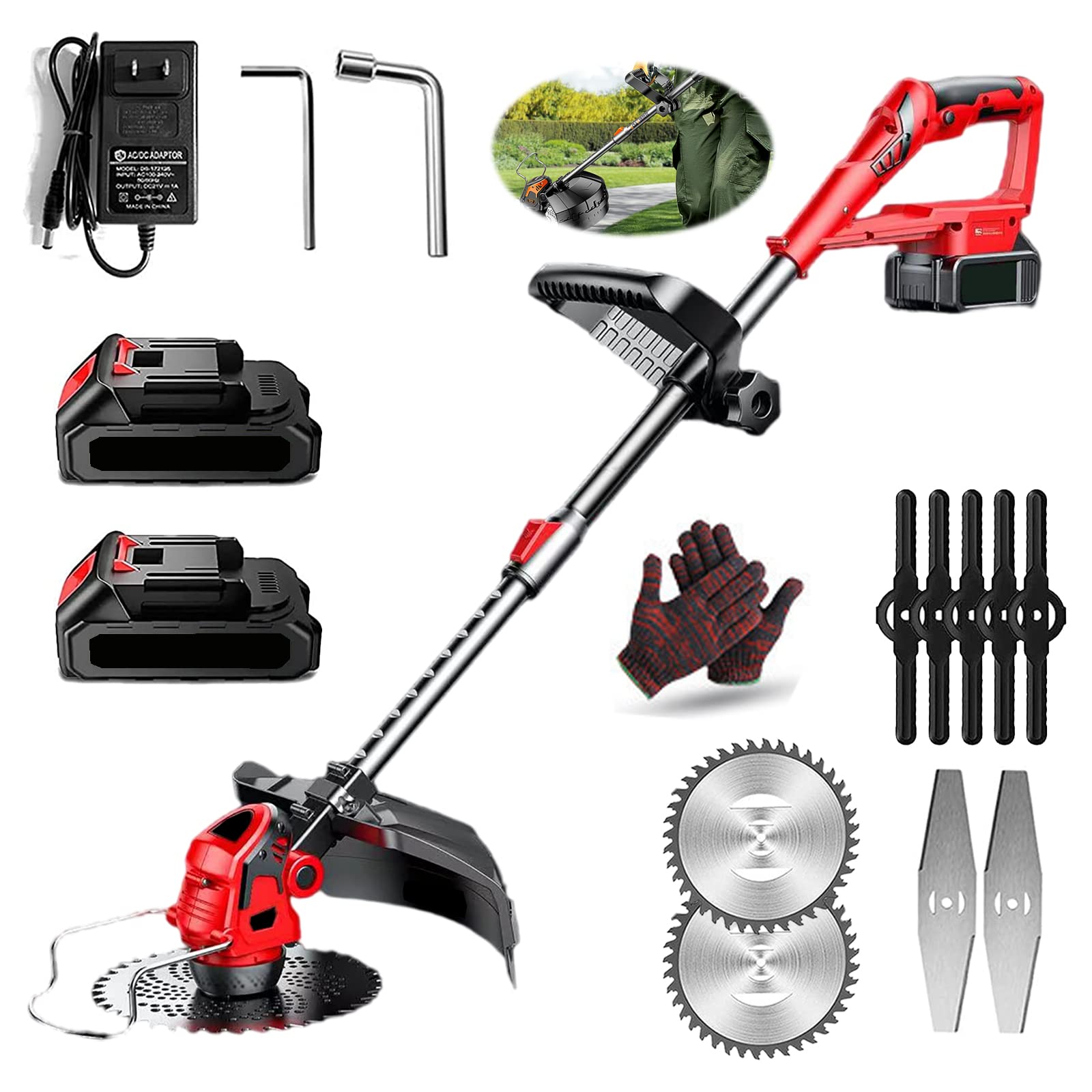 **Cordless String Trimmer & Lawn Edger - 20V Electric Weed Wacker with 2 Batteries, 3 Blades & Wheels - Lightweight Grass Trimmer for Lawn, Garden, Yard, and Brush Cutting (Red)**    **Usage Scenes:** Perfect for trimming grass, edging sidewalks, pruning bushes, and maintaining a neat yard or garden effortlessly.