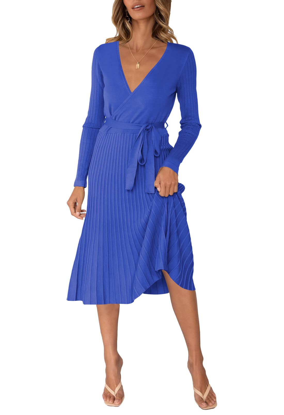 Pink Queen Women's V-Neck Long Sleeve Ribbed Knit Wrap Sweater Dress with Belt | Casual Midi Swing Dress for Fall Winter Office Wear & Date Night Outfits