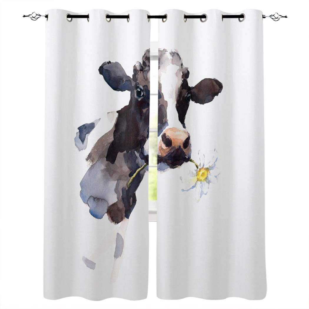 Thermal Insulated Blackout Curtains with Noise Reduction - Farm Cow & Daisy Flower Design for Bedroom & Living Room (2 Panels 40x84 Inches) - Perfect for Sliding Glass Doors, Home Theater & Nursery Light Control