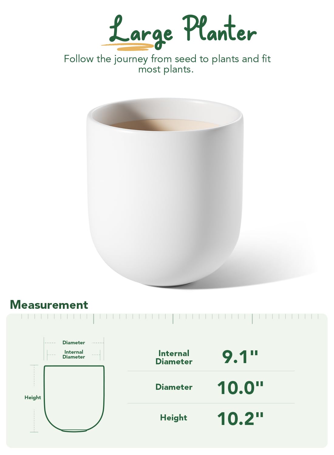 LE TAUCI 10 Inch White Ceramic Plant Pot with Drainage Hole & Rubber Plug - Indoor/Outdoor Cylinder Planter for Olive Trees, Succulents, Herbs - Perfect for Home, Patio, Office Decor & Gardening Gifts