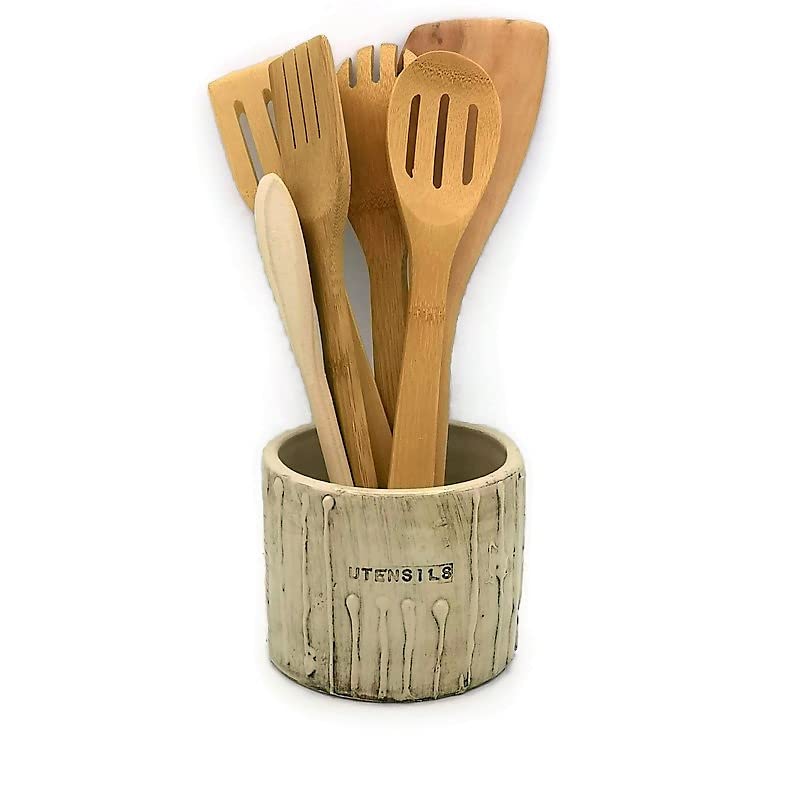 Large Ceramic Utensil Holder for Kitchen - Textured Ceramic Vase Crock Organizer for Wooden Spoons & Cooking Tools - Perfect for Countertop Storage & Kitchen Decor