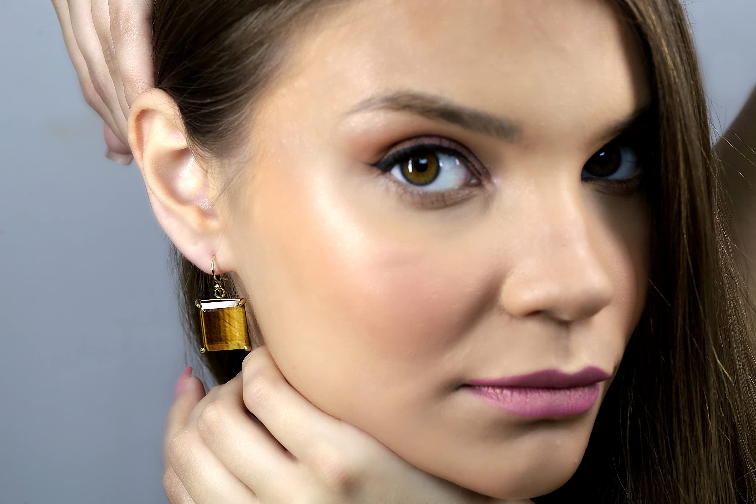 Luxury Tiger Eye Square Statement Earrings for Women - Large Gold Dangle Earrings with Genuine Gemstone - Elegant & Chic Jewelry for Parties, Weddings & Evening Events