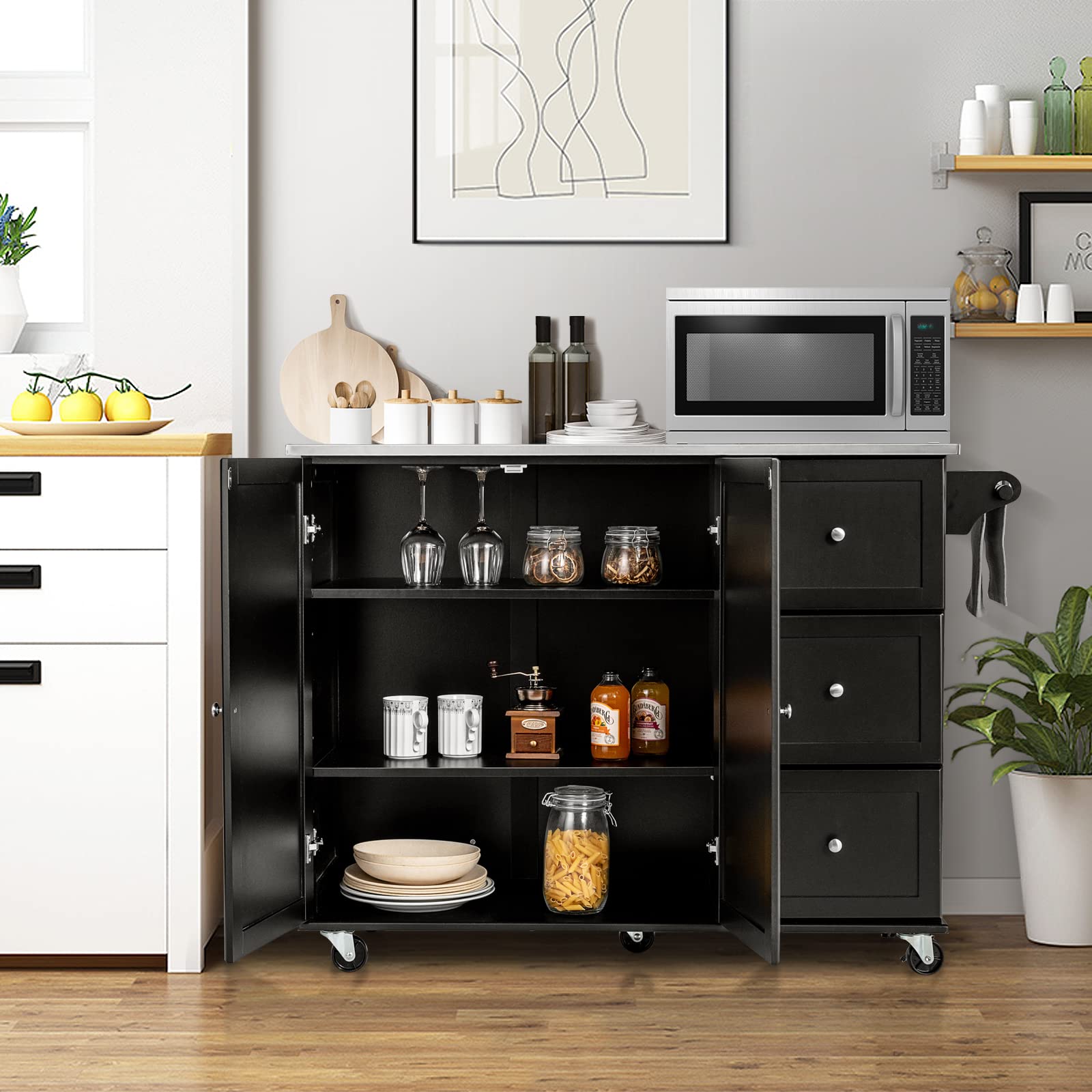 Giantex Kitchen Island with Stainless Steel Countertop - Mobile Kitchen Cart with 3 Drawers, Adjustable Shelves, 2-Door Cabinet & Spice Rack - Perfect for Small Kitchens, Food Prep & Extra Storage Space
