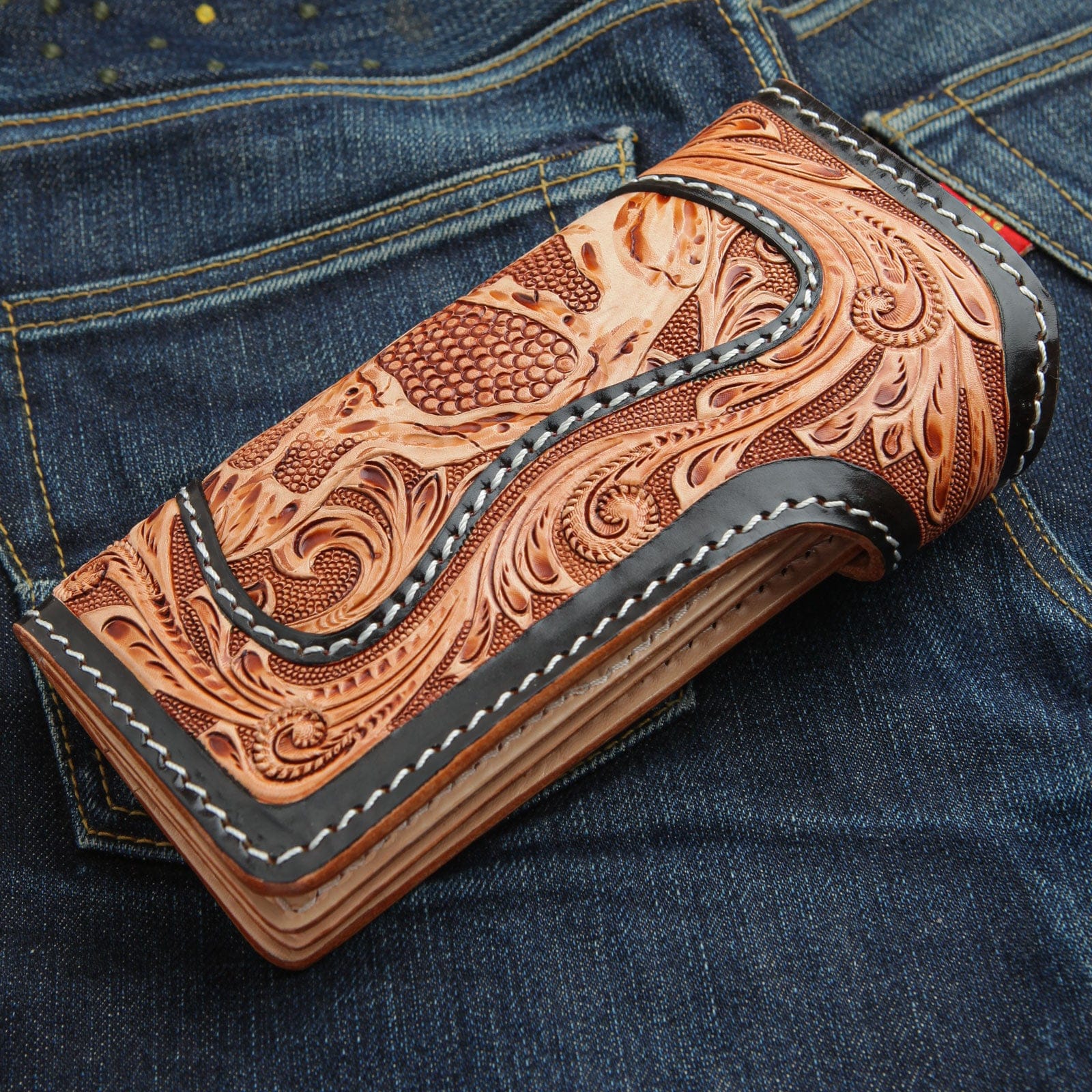 Genuine Cowhide Leather Biker Wallet for Men - Custom Beige & Light Brown | Stylish & Durable Men's Accessory for Motorcycle Riders & Everyday Use