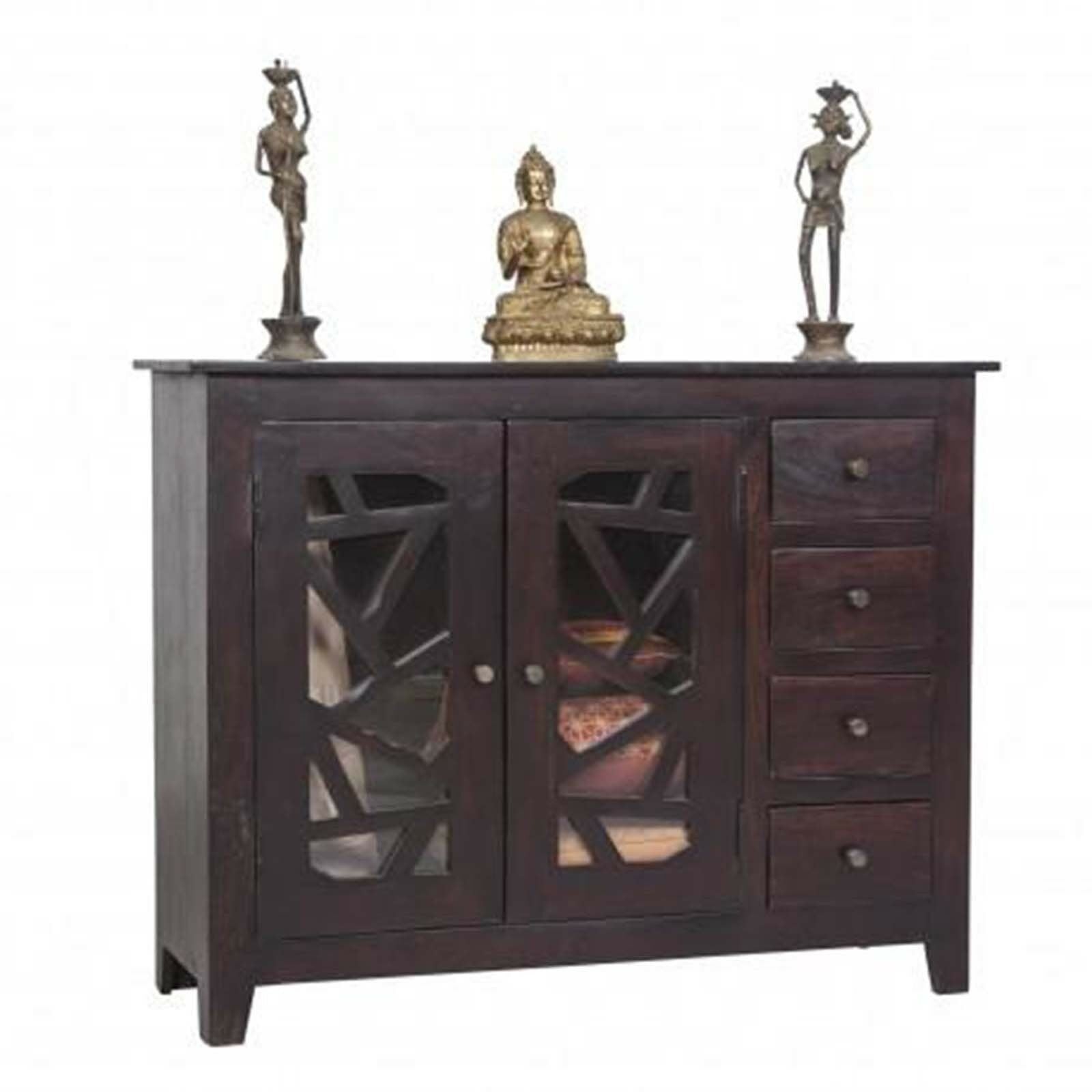 French Style Arched Glass Door Sideboard Cabinet - 1.3m Brown Wood Buffet Console Table for Dining Room, Living Room & Entryway Storage