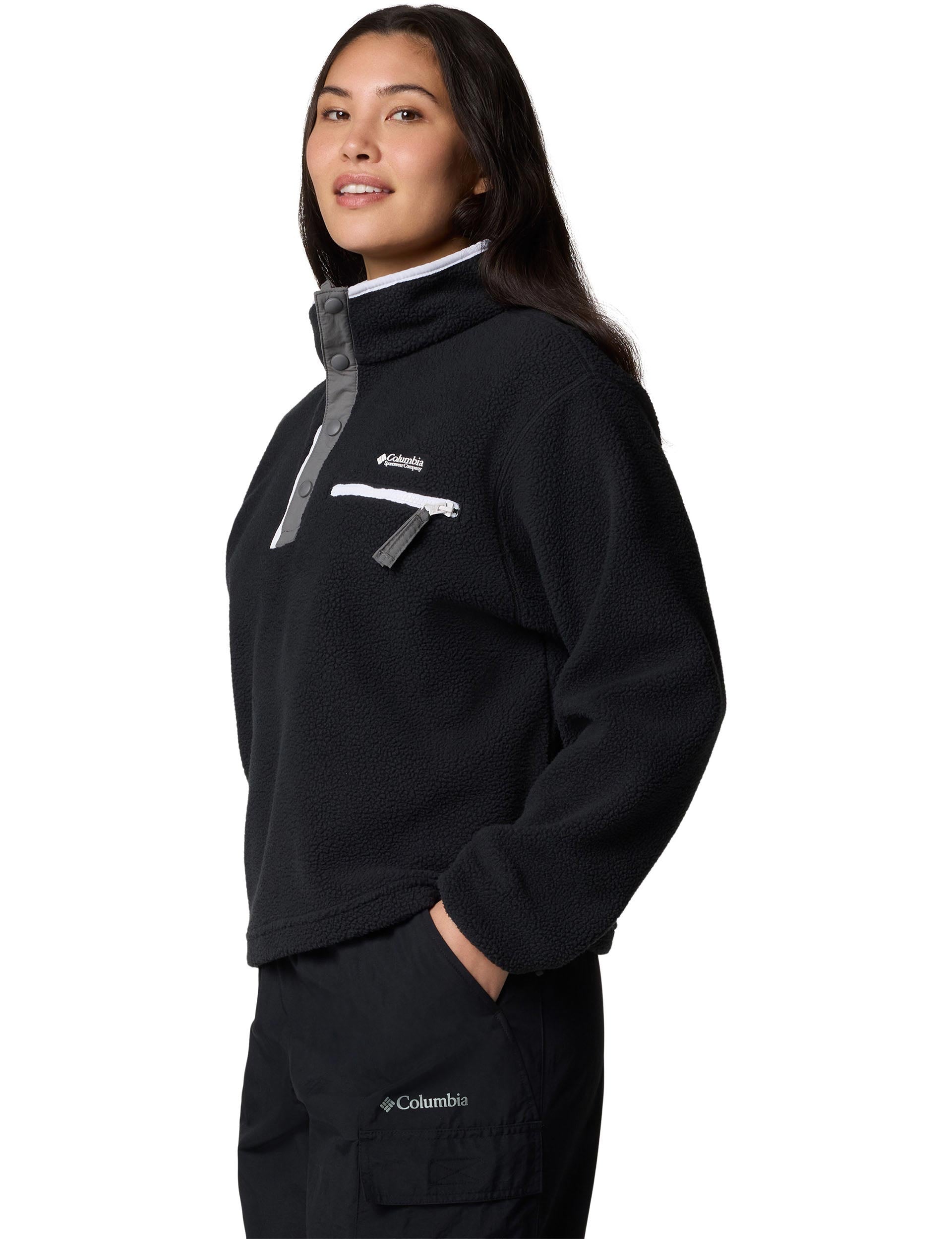 Helvetia II Cropped Sherpa Half Snap Fleece Jacket for Women - Cozy Winter Outerwear - Perfect for Casual Outings, Hiking & Outdoor Adventures (Black)