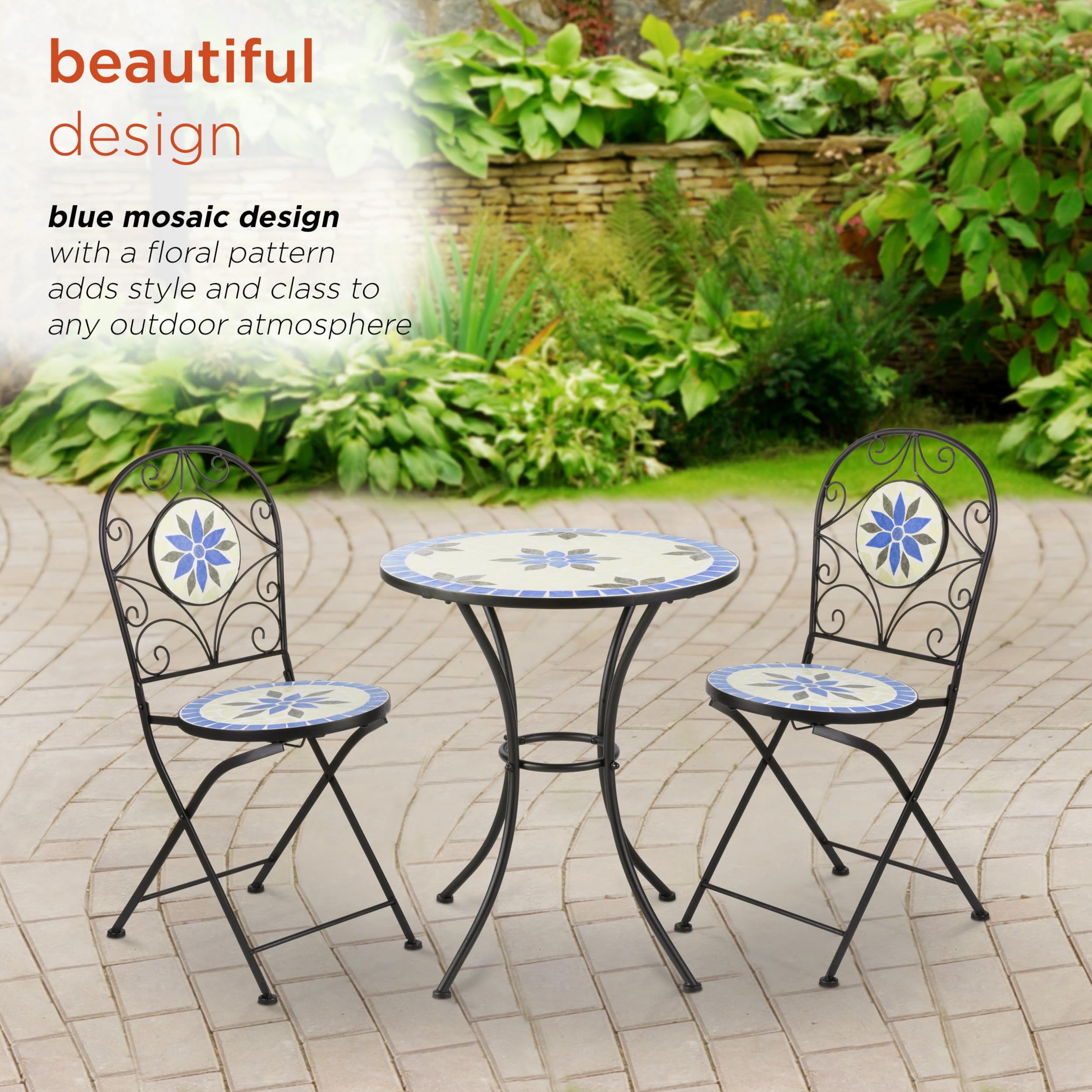 Alpine Corporation 3-Piece Blue and Beige Mosaic Bistro Set - Outdoor Patio Dining Furniture for Garden, Balcony & Backyard