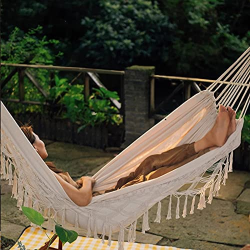 Premium Cotton Double Hammock for 2 Persons - 480lbs Capacity, Handmade with Macrame Fringe & Boho Tassels - Perfect for Outdoor Relaxation in Garden, Backyard, Beach, Patio or Balcony | Ideal for Camping, Picnics and Summer Lounging