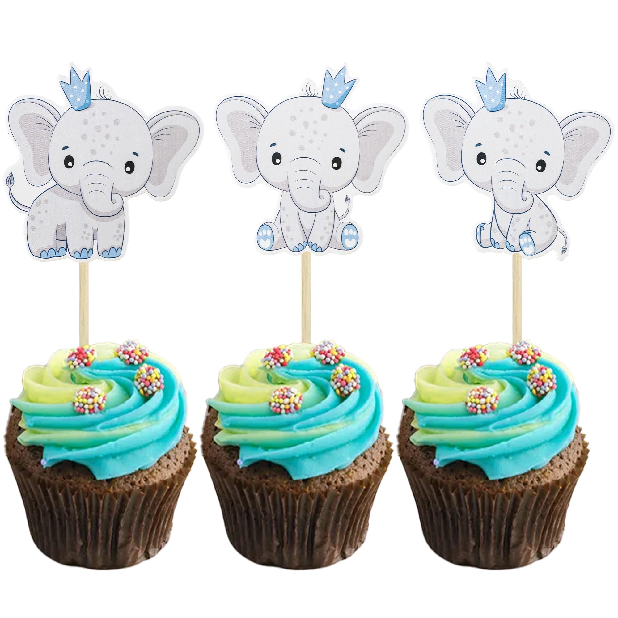 36Pcs Blue Elephant Cupcake Toppers for Baby Shower, Gender Reveal & Birthday Party - Adorable Elephant Theme Cake Decorations for Boys, Kids Celebrations - Perfect for Baby Showers, Birthday Cakes & Dessert Table Displays