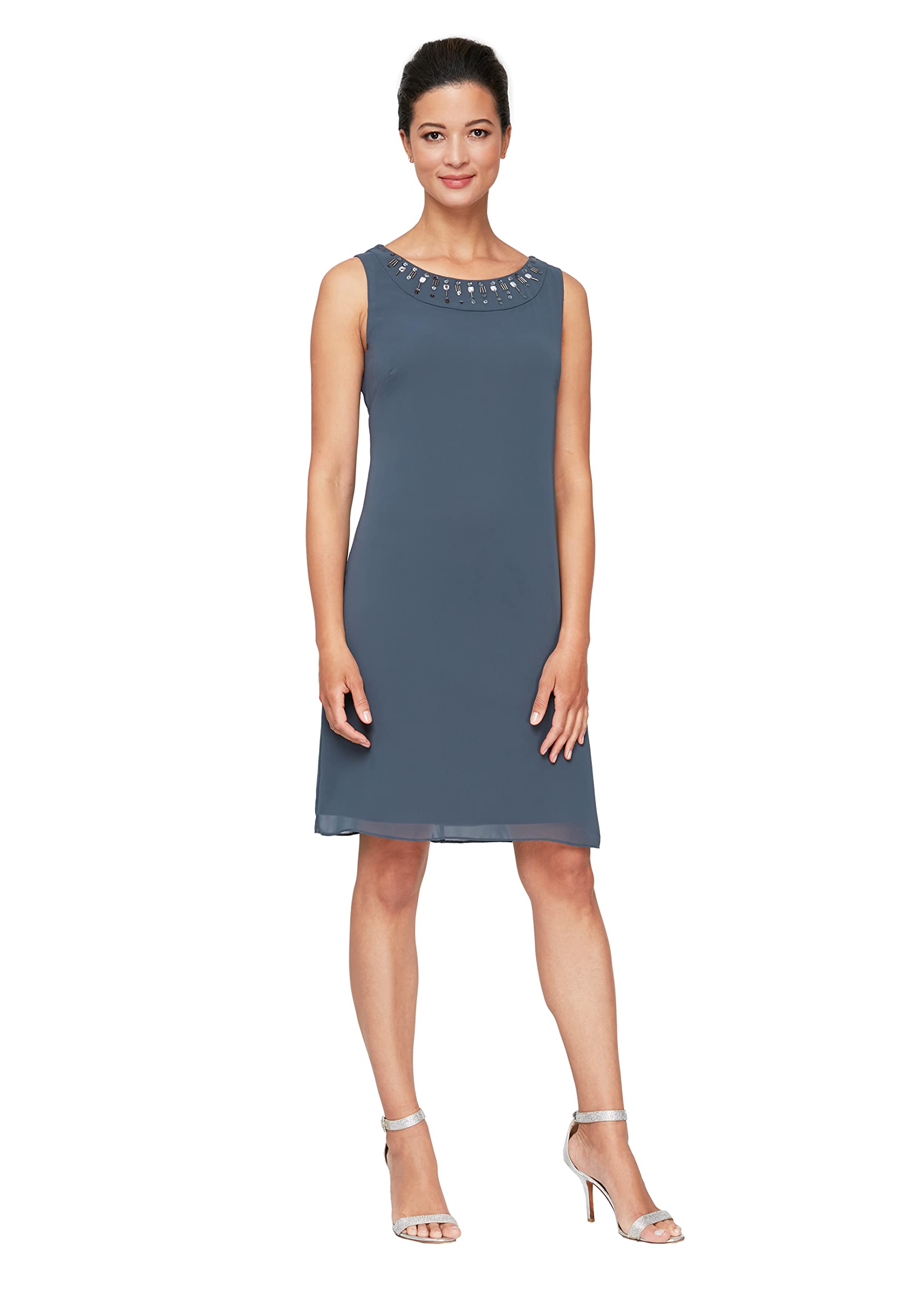 S.L. Fashions Women's Elegant Chiffon Tiered Jacket Dress with Beaded Neckline & Cuffs - Perfect for Evening Parties, Weddings & Special Occasions