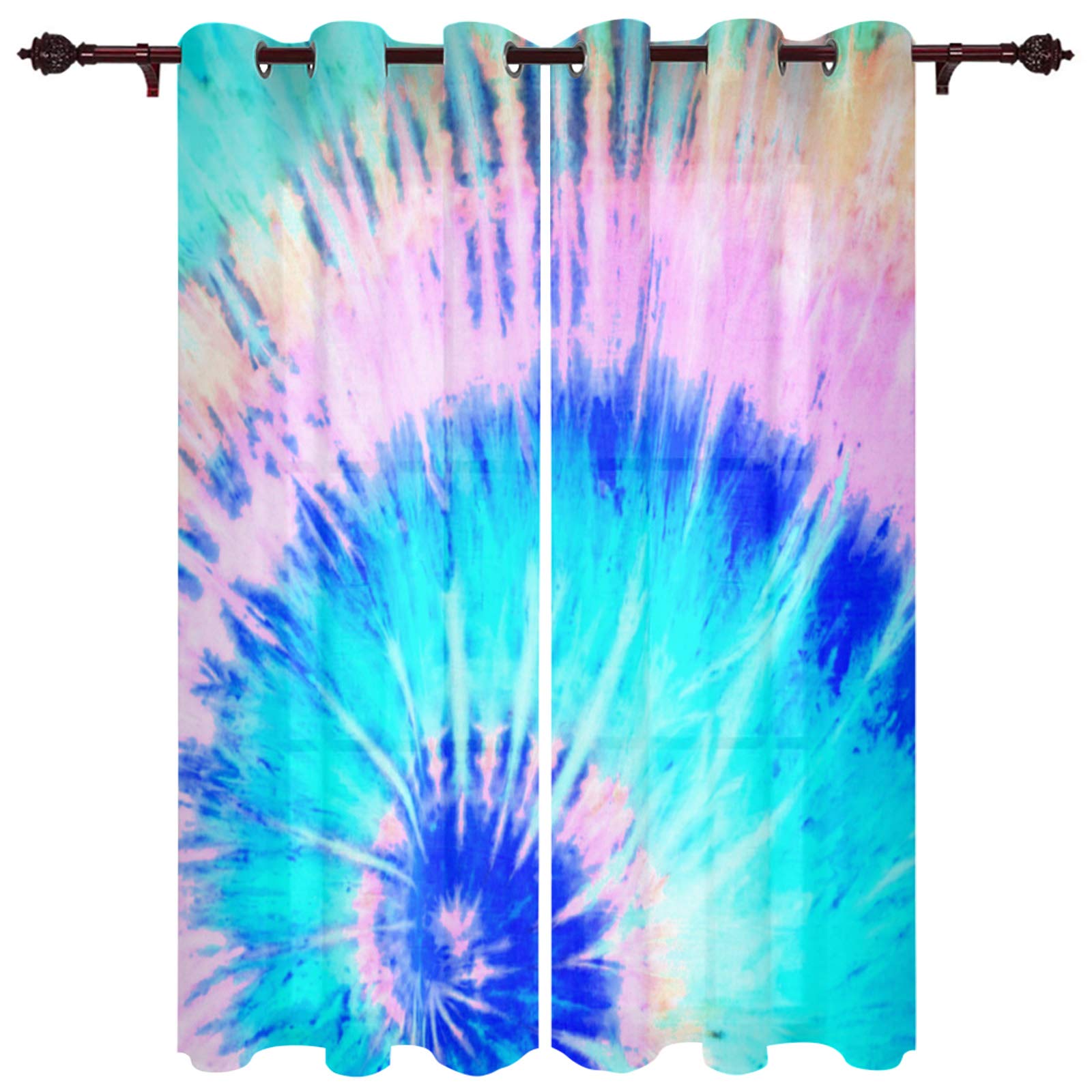 Ethnic Rainbow Tie-Dye Sheer Curtains - 2 Panels Kitchen Window Treatment with Grommet Top, 84 Inch Length for Living Room, Bedroom, Patio & Sliding Glass Door - Perfect for Natural Light Filtering and Bohemian Home Decor