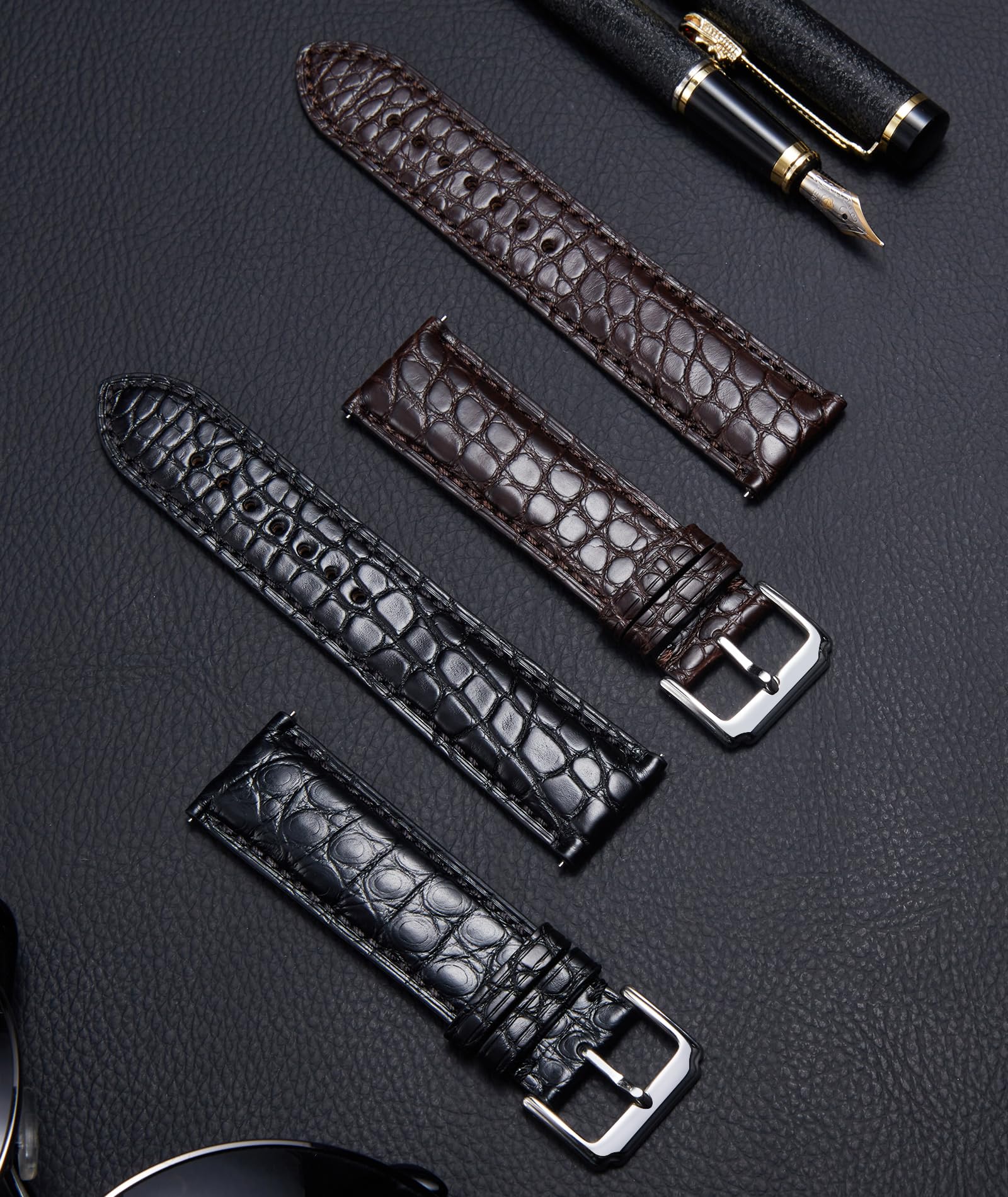 Premium BINLUN Alligator Grain Leather Watch Bands for Men & Women - Handmade Crocodile Pattern Quick Release Replacement Straps - Genuine Classic Leather Watchband with Stainless Steel Buckle (Black/Brown) - Perfect for Dress Watches, Business Attire & Everyday Wear
