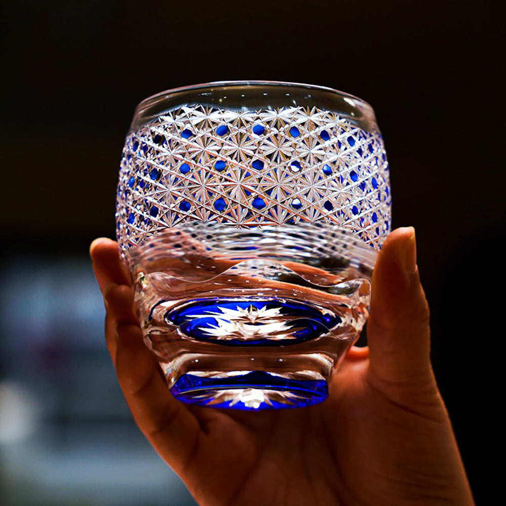 Handcrafted Edo Kiriko Whisky Glass - Japanese Cut Crystal Tumbler for Whiskey, Cocktails & Tea - Elegant Starry Sky Design, Perfect for Gifts & Home Bar Decor
