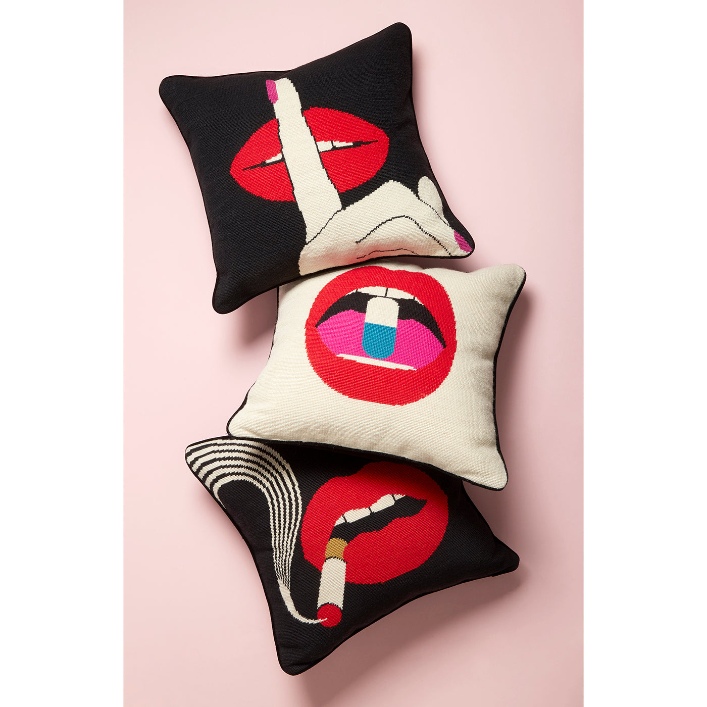 Lips Hush Needlepoint Throw Pillow - Elegant Embroidery Decorative Cushion for Sofa, Bed & Home Decor - Perfect for Living Room, Bedroom & Cozy Spaces