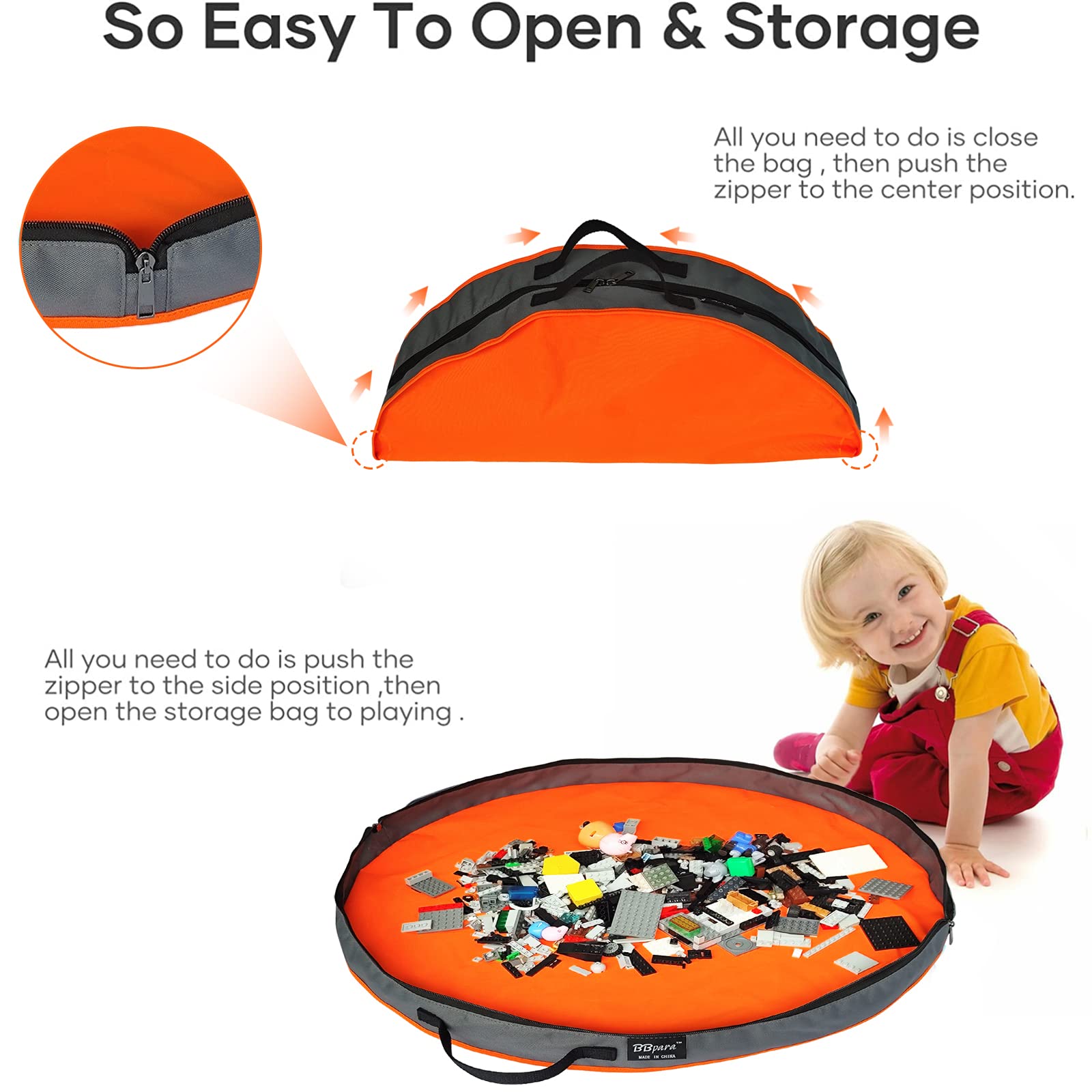 Kids Toy Storage Basket & Play Mat for Building Bricks & Blocks - Zippered Toy Organizer Bag - Easy Clean Up for Neat Kids Rooms - Orange - Perfect for Playrooms, Bedrooms & Daycare Centers