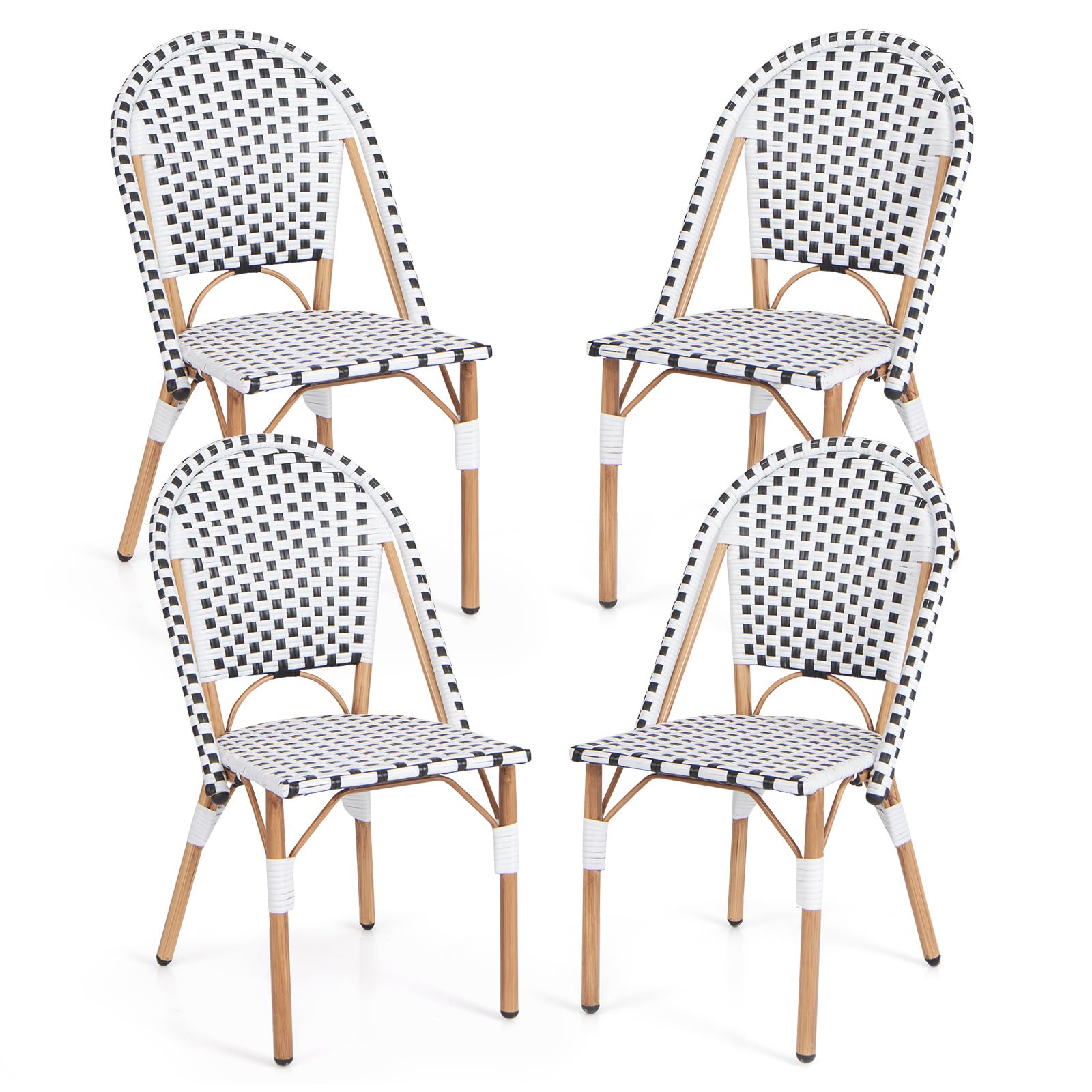 Tangkula French Bistro Chair Set of 4 - Outdoor Armless Dining Chairs with Hand-Woven Rattan & Galvanized Metal Frame - Patio Kitchen Garden Backyard Porch Accent Chairs (Black & White) - Perfect for Al Fresco Dining, Coffee Shops, and Coastal Decor