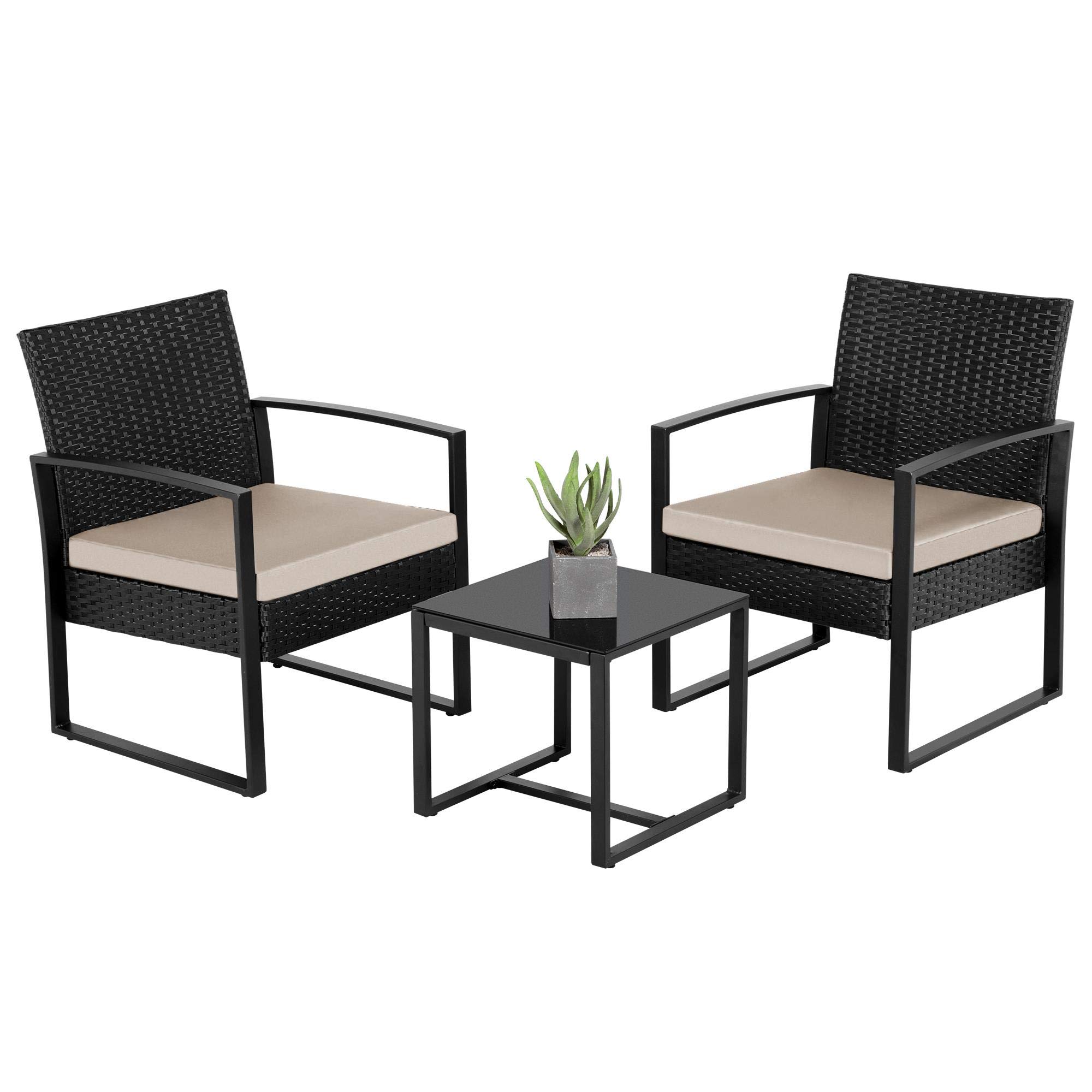 Yaheetech 3-Piece Outdoor Patio Furniture Set - Modern PE Rattan Wicker Chairs with Washable Cushions & Tempered Glass Coffee Table - Black/Beige - Perfect for Garden, Porch, Backyard and Poolside Relaxation