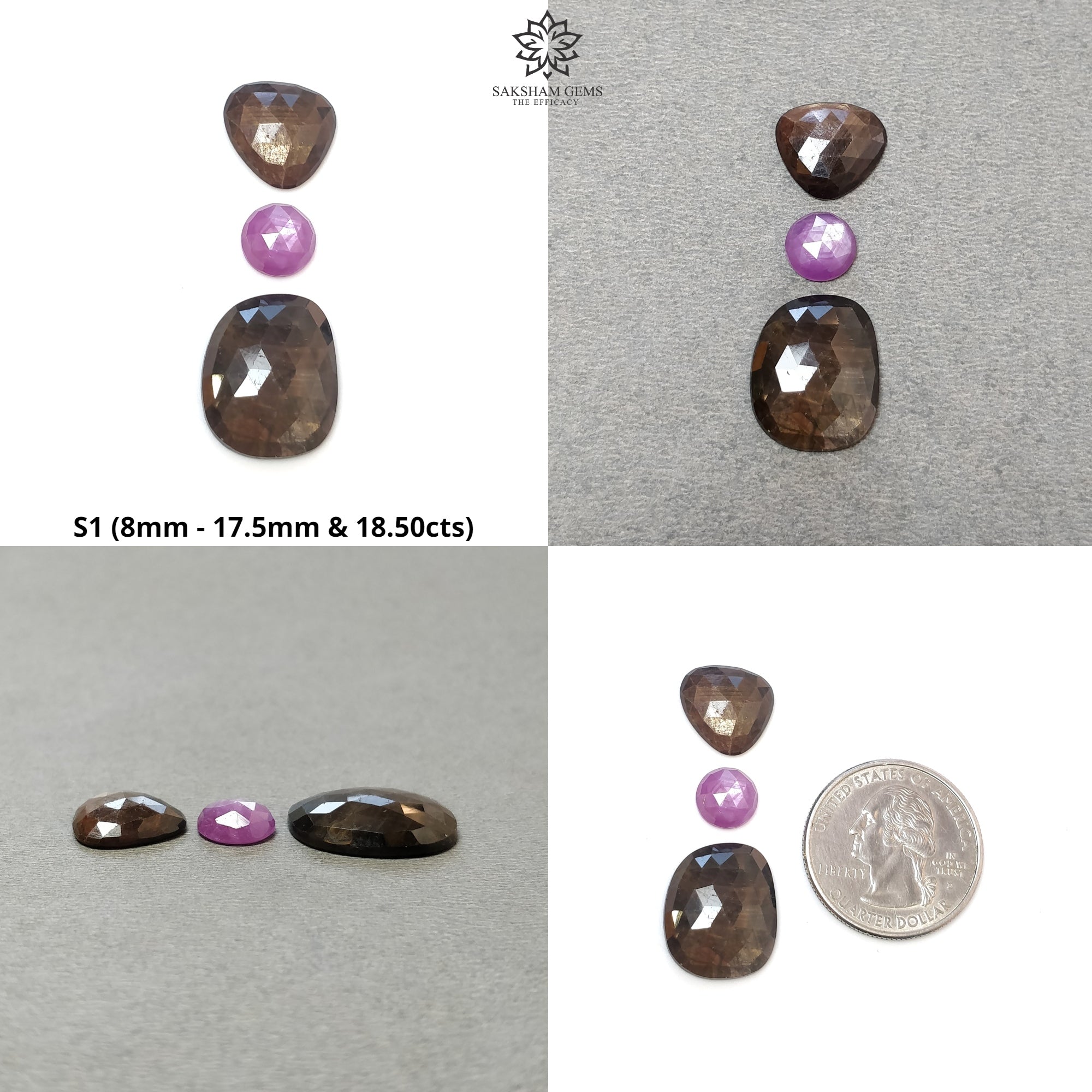 Natural Untreated Golden Brown Chocolate & Pink Sapphire Gemstone Rose Cut - Round Cushion & Unique Shape 3pc Set for Jewelry Making, Engagement Rings & DIY Crafts