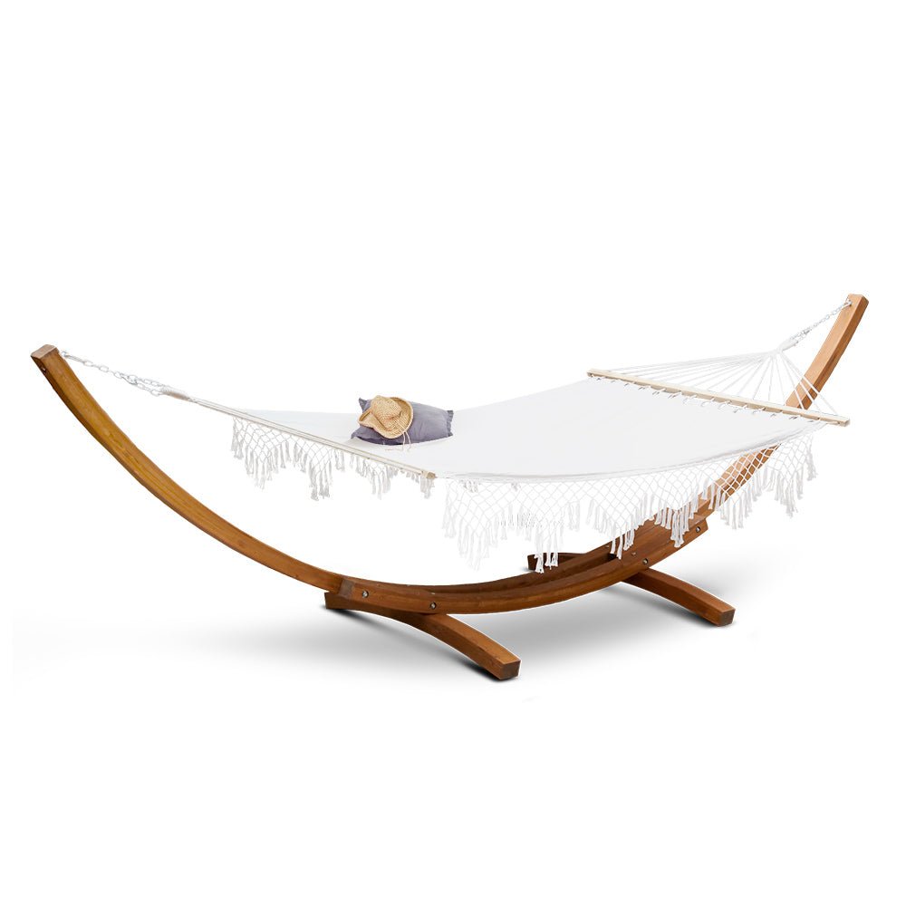 Premium White Tassel Timber Hammock - Portable Outdoor Camping & Garden Relaxation Bed for Backyard, Beach, and Patio Use