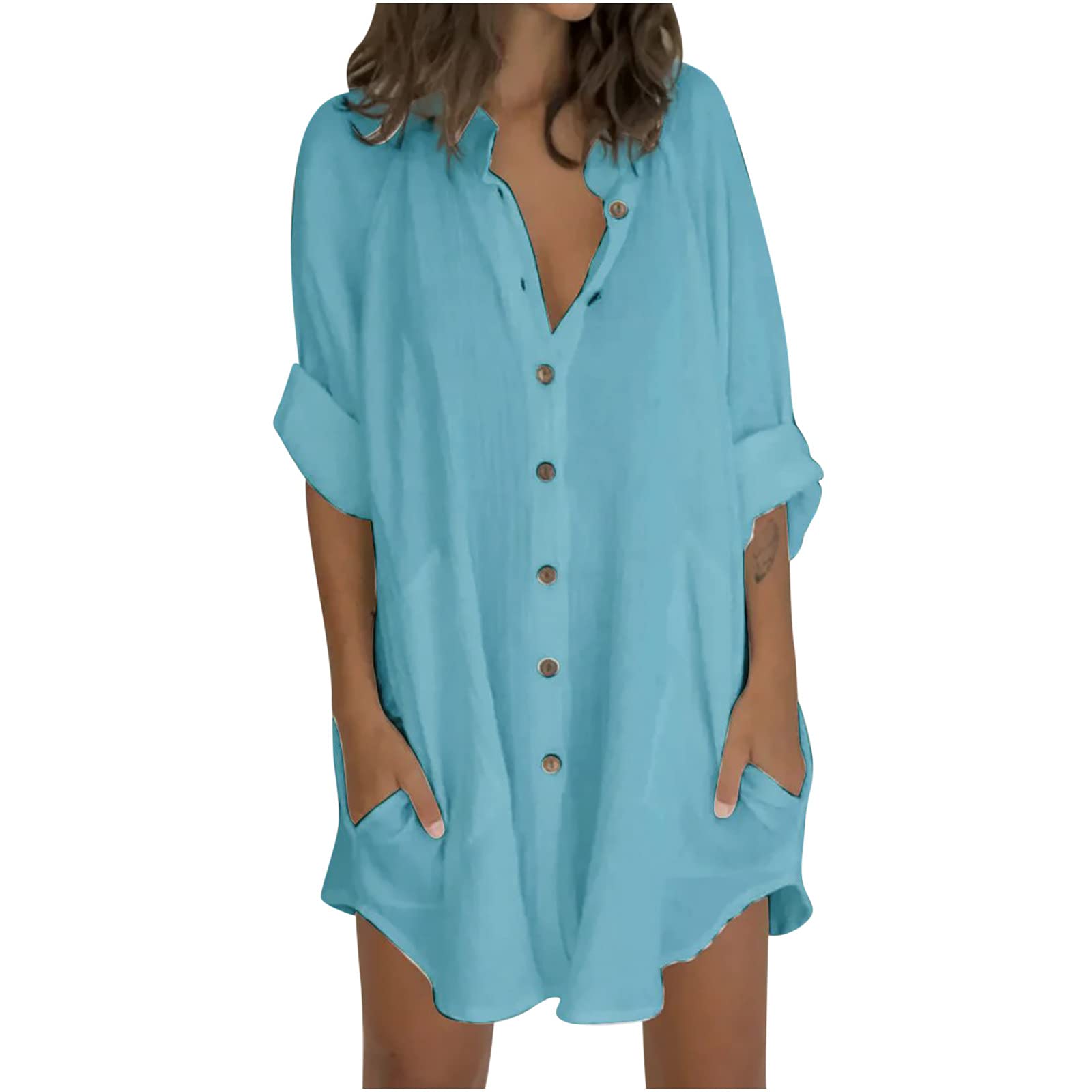 CrazyPig Women's Summer Shirt Dress - Turn Down Collar, Half Sleeve with Pockets, Button Front Solid Color Casual Dress for Beach, Office & Daily Wear