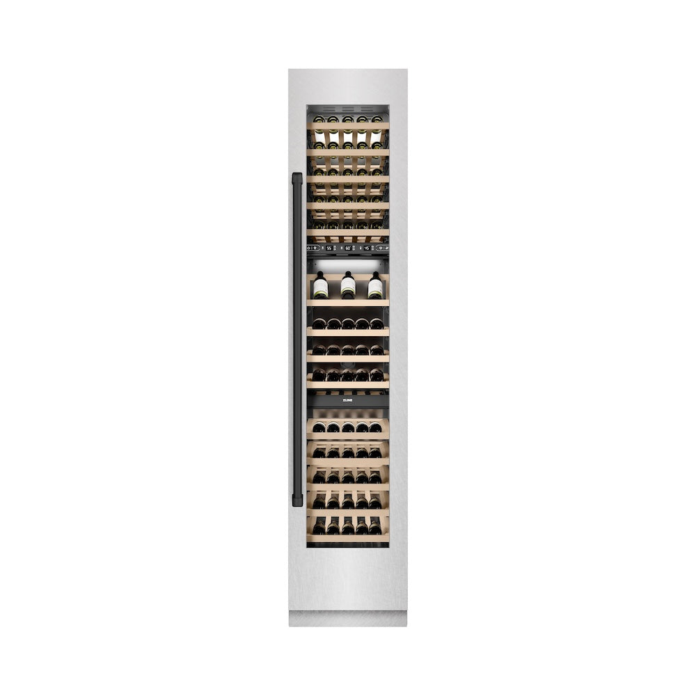 ZLINE Autograph Edition 18 Inch 9.0 cu ft Triple Zone 68 Bottle Right Hinge Stainless Steel Wine Cooler Refrigerator with Matte Black Accents - Perfect for Home Bars, Wine Cellars, and Entertaining Spaces (RCWVRZ SN 18 MB)