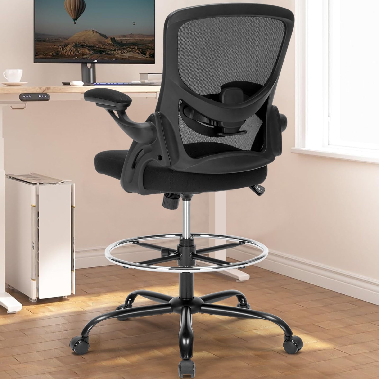 Ergonomic Drafting Chair with Flip-Up Armrests & Adjustable Lumbar Support - Tall Office Chair for Standing Desks, Counter Height with Footrest - Black - Perfect for Architects, Artists & Home Office Workspaces