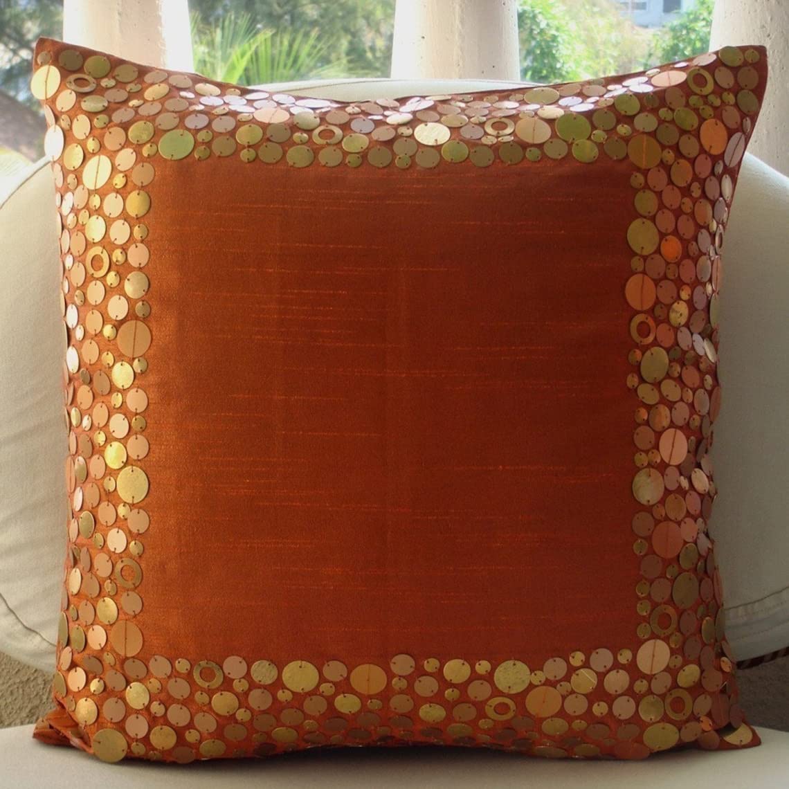 Premium Rust Glamor Metal Sequins Bordered Pillow Sham - 24x24 Inch (60x60 cm) Square Silk Pillow Cover for Sofa, Bed, Couch - Modern Home Decor for Easter & Holiday Season