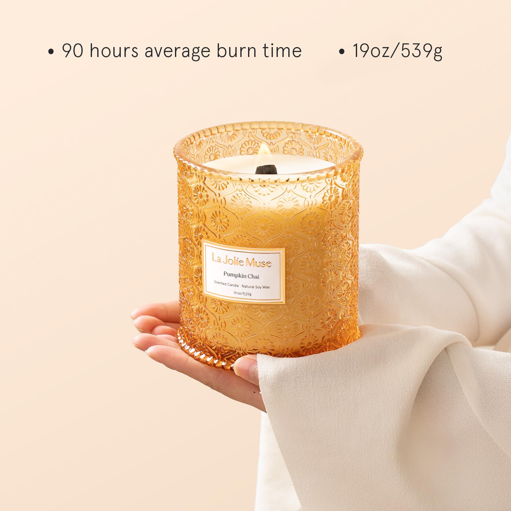 LA JOLIE MUSE Pumpkin Spice Scented Soy Candle - 19oz Natural Wood Wick Candle in Glass Jar | Fall Home Decor & Long-Lasting Aromatherapy | Perfect Gift for Men & Women | Pumpkin Chai Fragrance for Cozy Autumn Evenings & Thanksgiving Decor