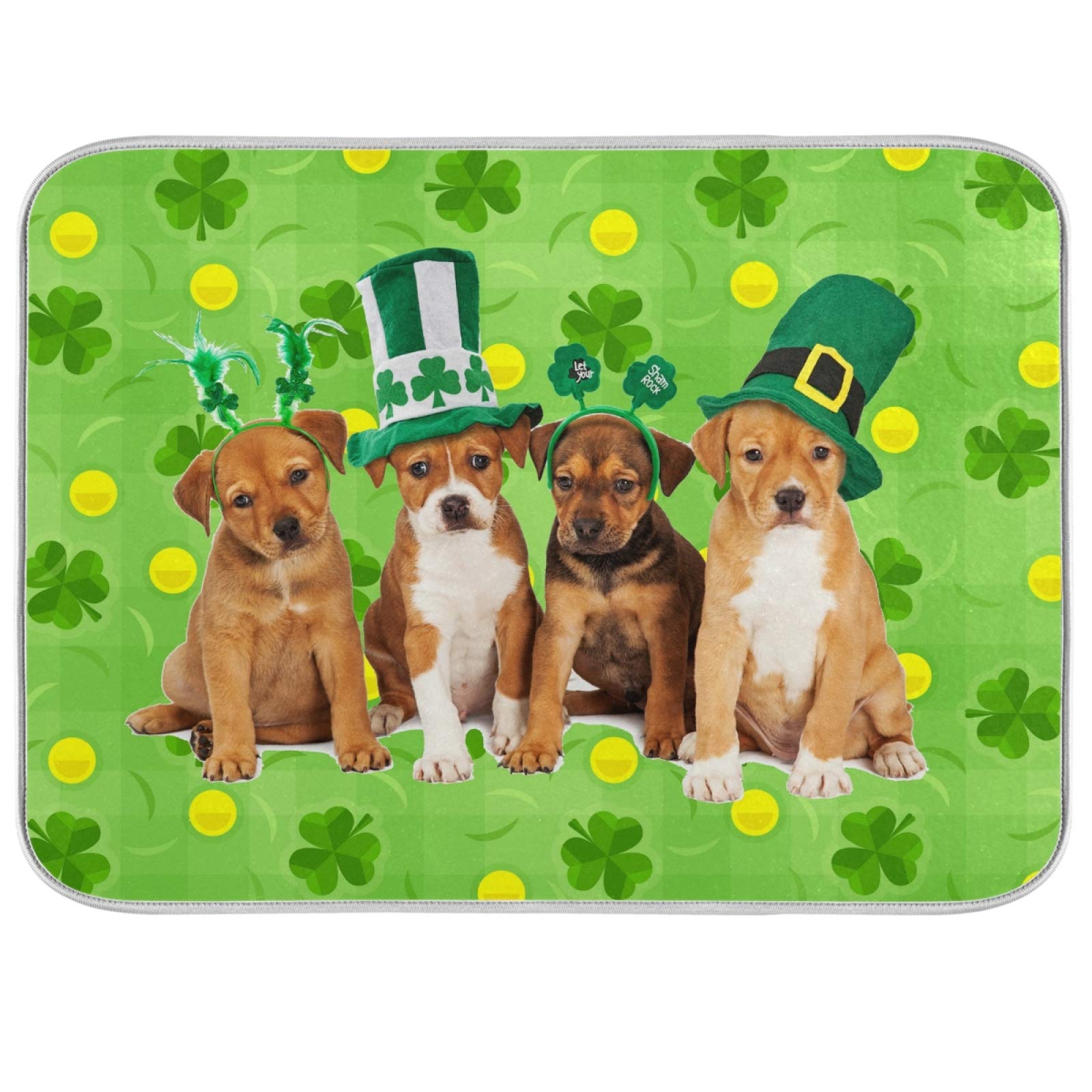 16x18 Inch Absorbent Fast-Dry Dish Drying Mat - Shamrock & Gold Coin Design for St. Patrick's Day - Foldable Kitchen Counter Pad, Dish Drainer Rack Alternative - Perfect for Drying Dishes, Glassware & Utensils After Washing