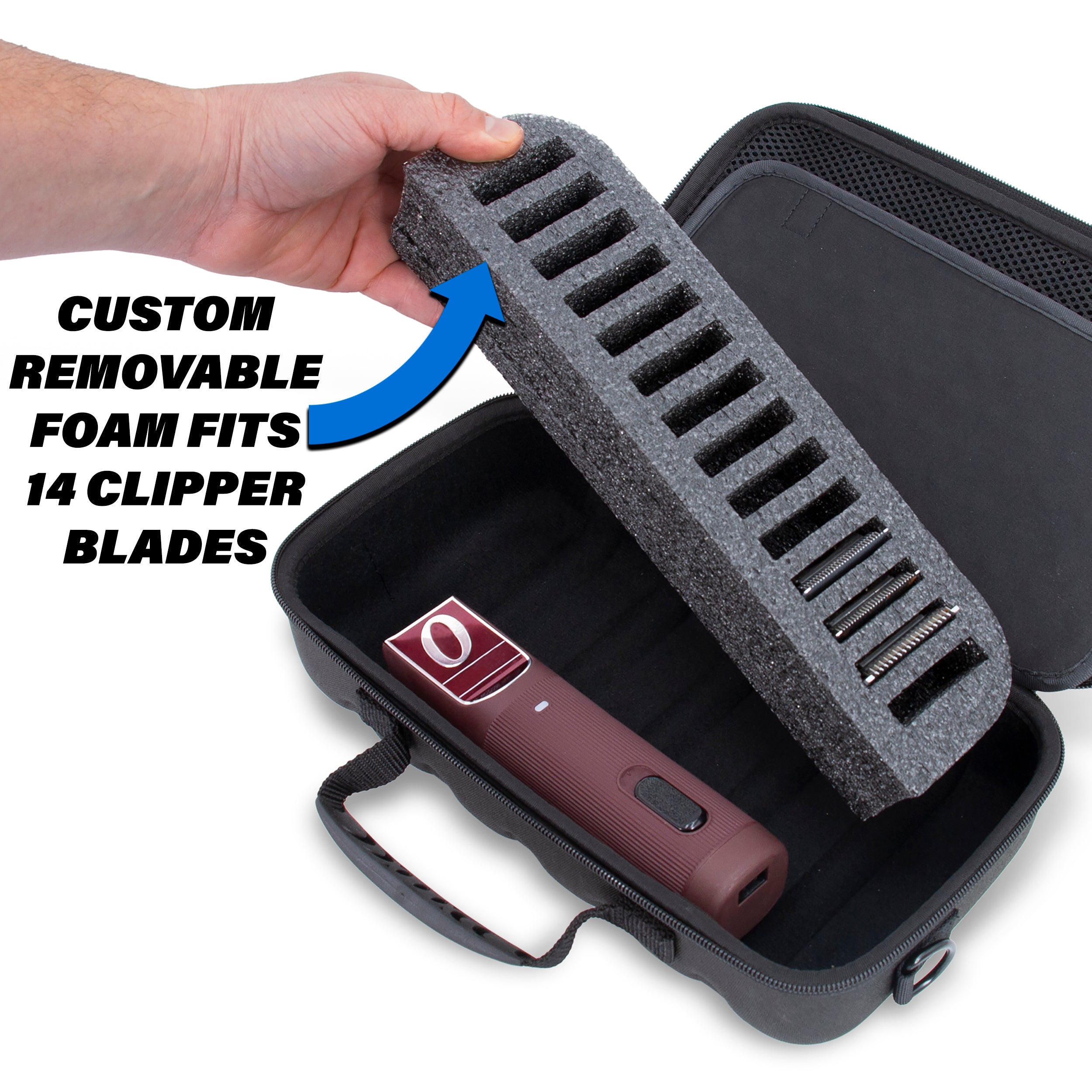 CASEMATIX Professional Hair Clipper Case for Barbers - Compatible with Andis, Oster, Wahl 14 Metal Detachable Clipper Blades - Durable Black Travel Storage Case for Salon & Home Barbering