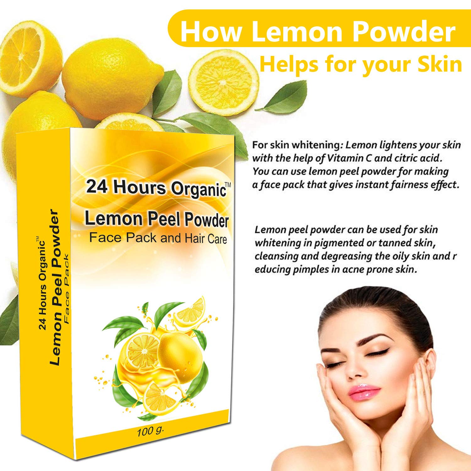 Organic Lemon Peel Powder Face Mask for Glowing Skin - Brightening, Tan Removal, Anti-Acne Treatment - 300g (Pack of 3) with Free Rose Water (180ml Total) - Perfect for Daily Skincare & Spa Nights