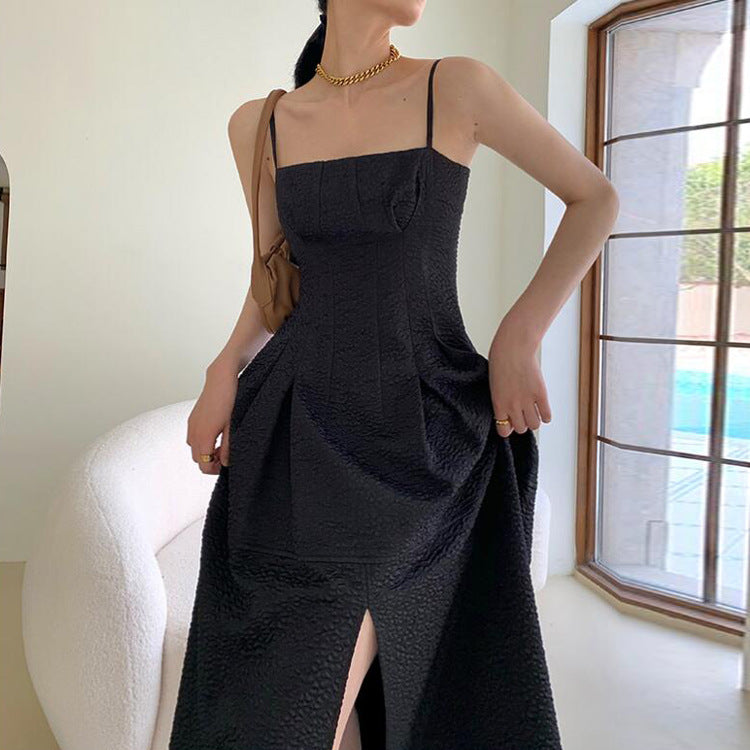 French Retro Black Slit Spaghetti Strap Summer Dress 814 - Elegant Vintage Style for Date Night, Cocktail Parties & Beach Vacations