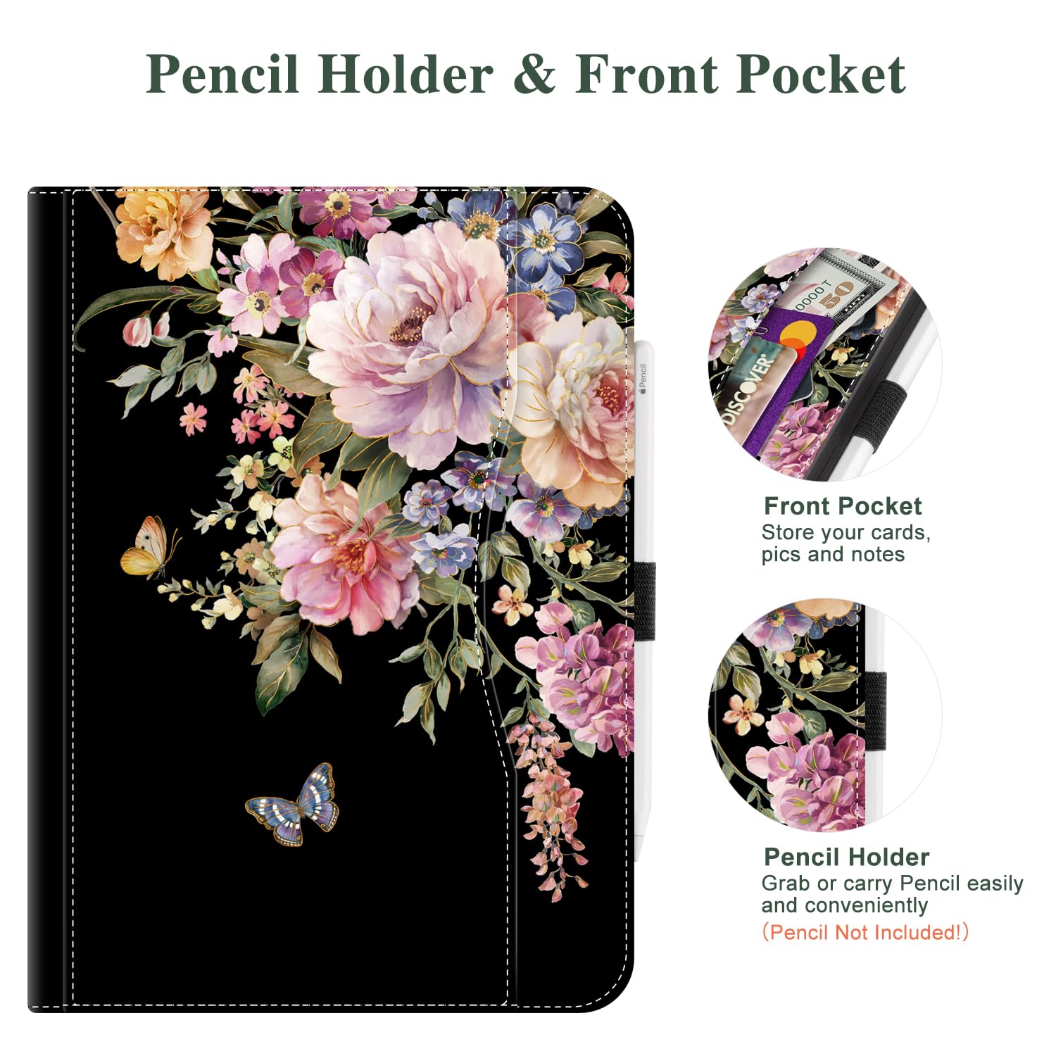 Vimorco Floral iPad 10th/11th Generation Case with Pencil Holder, Hand Strap & Pocket - Adjustable Angle Stand Cover for iPad Air 2022/2024 (A16) - Perfect for Work, School & Travel | Flower Butterfly Design