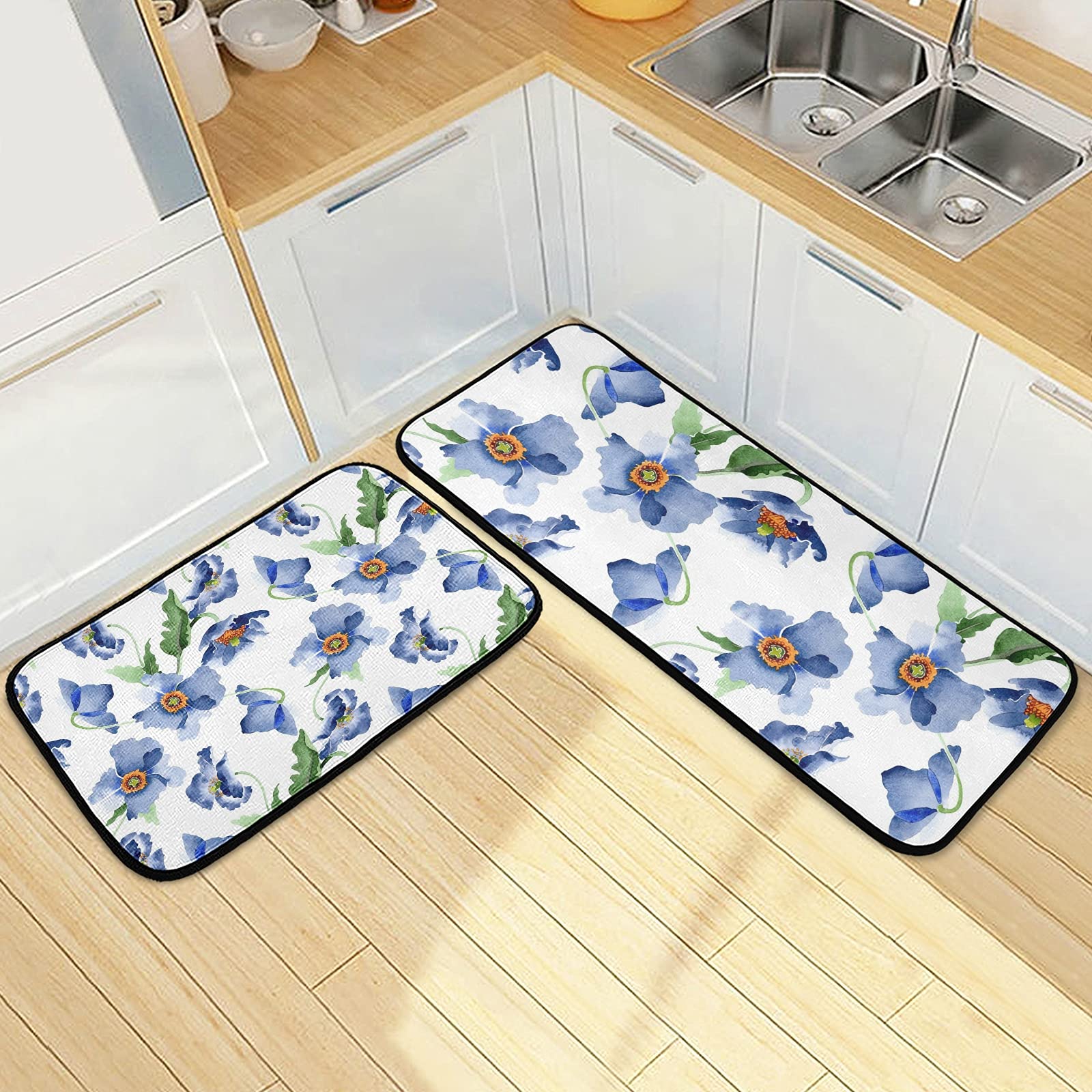 SUABO Non-Slip Kitchen Floor Mat Set of 2 - Blue Poppy Design, Anti-Fatigue Standing Mats for Cooking, Dishwashing & Food Prep - Waterproof Kitchen Rug for Comfort & Safety