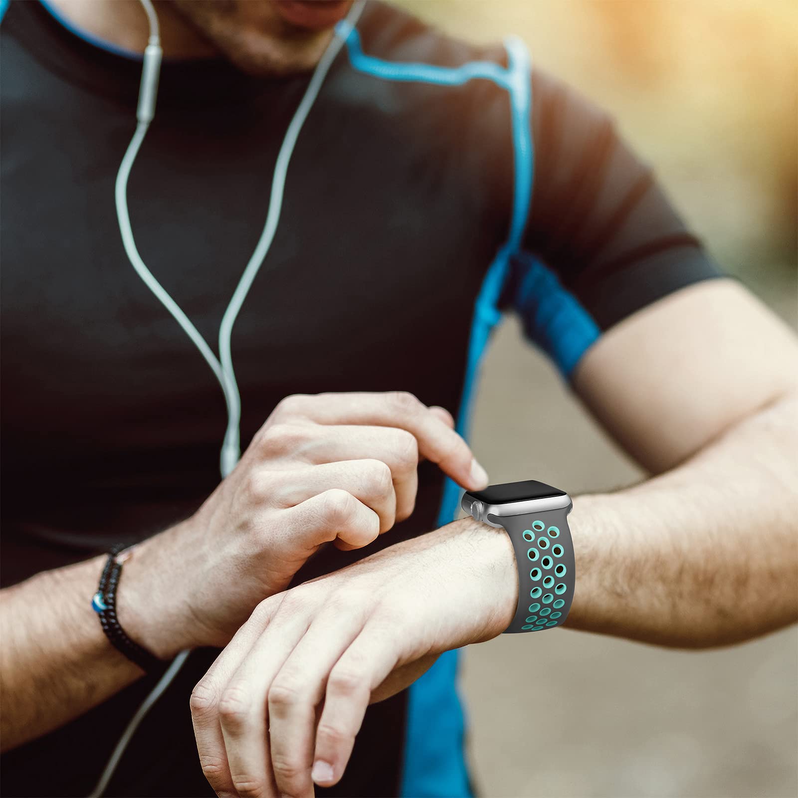 Lerobo Soft Silicone Sport Band Compatible with Apple Watch 40mm 38mm 42mm 41mm - for Series 10/9/8/7/6/5/4/3/2/1/SE - Breathable Air Hole Design for Women & Men (Gray/Teal, S/M) - Perfect for Running, Gym Workouts & Daily Wear