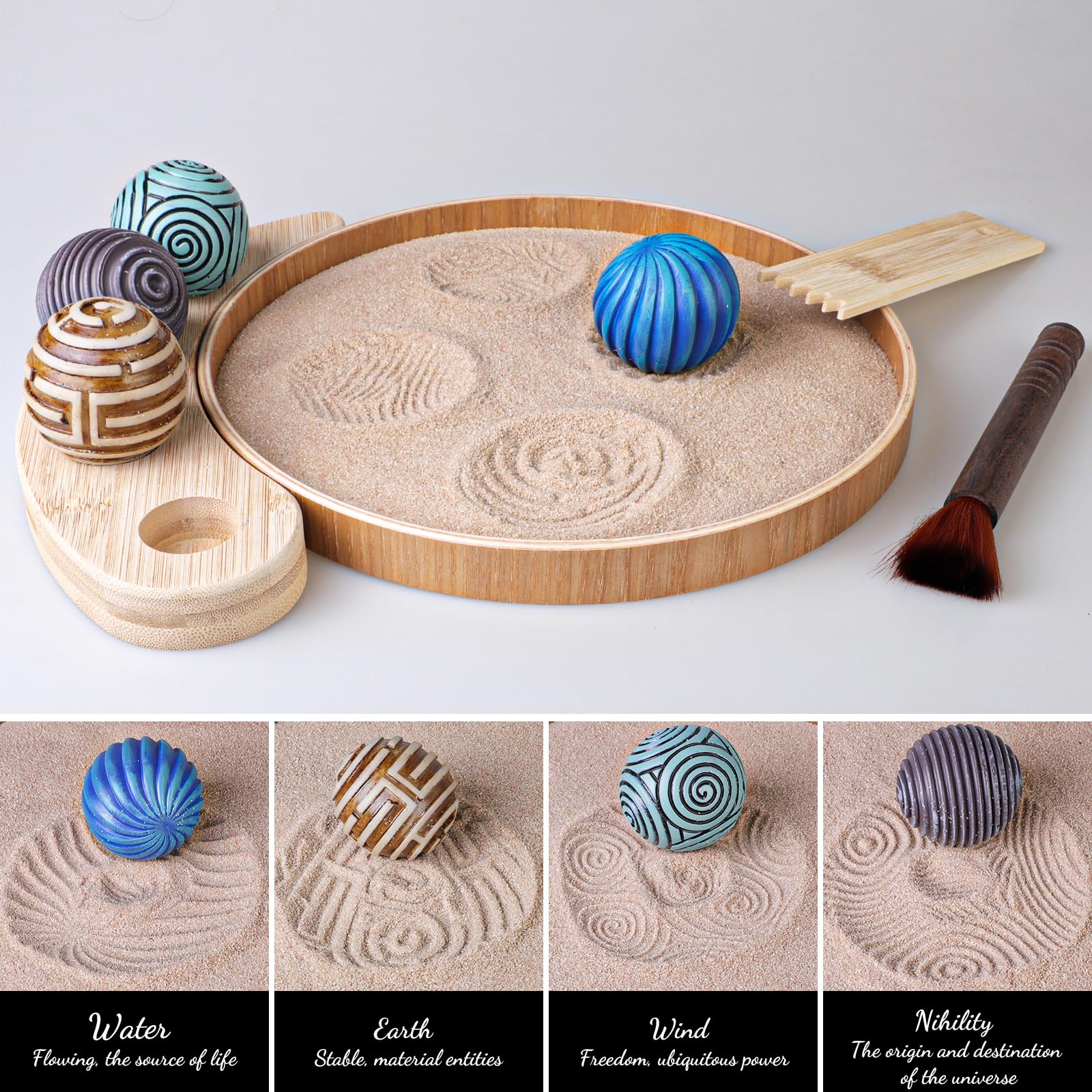 Melonva Mini Zen Garden for Desk - 9.5''x9.5'' Automatic Sand Tray with Bamboo Rake & 4 Stamp Spheres - Stress Relief Office Decor, Meditation Room Accessory - Perfect for Work Desks, Home Decor & Mindfulness Practice