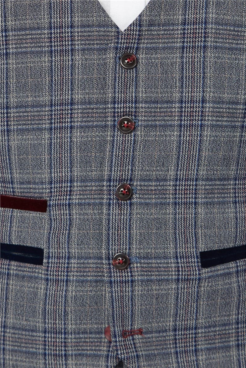 Marc Darcy ENZO Grey Men's Blue Check Tweed Waistcoat Vest - Stylish Formal Wear for Weddings, Business Meetings & Special Occasions