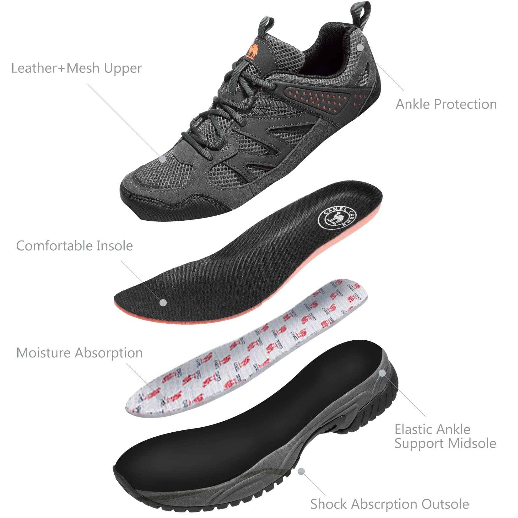 CAMELSPORTS Men's Lightweight Hiking Shoes - Non-Slip Breathable Sneakers for Outdoor Trekking, Trail Walking & Climbing - Perfect for Mountain Adventures, Daily Hiking & Camping Trips