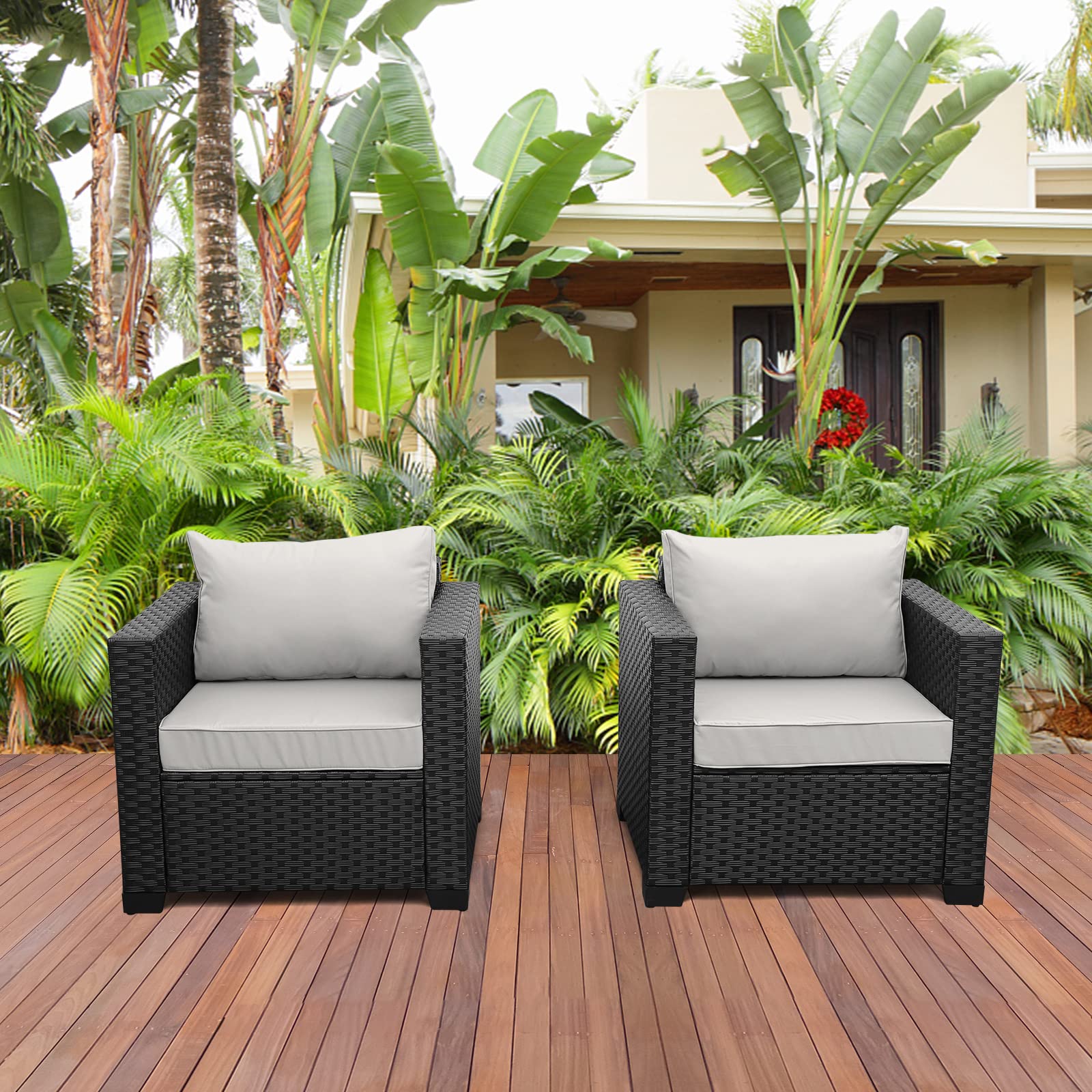 Rattan Patio Single Sofa Chairs Set of 2 - Outdoor Furniture with Anti-Slip Cushions & Waterproof Cover - Grey Accent Club Chairs for Garden, Poolside & Backyard Relaxation