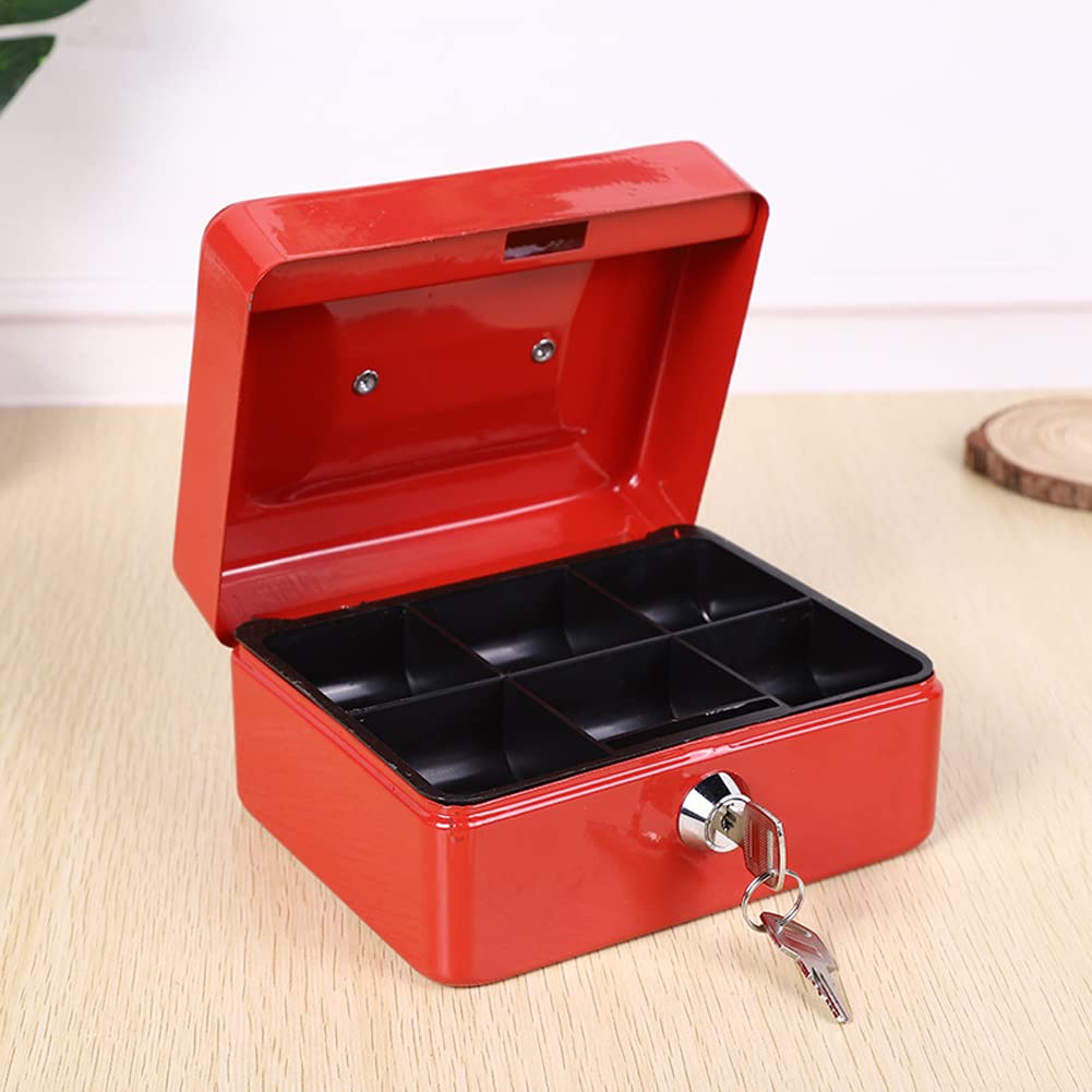 Portable Metal Cash Box with Lock - 6 Compartments Money & Coin Organizer (15x12x8cm, Blue) | Ideal for Small Business, Home Office, Retail Stores & Cash Handling